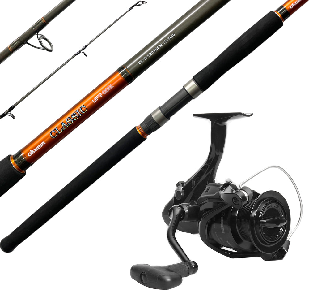 Okuma, Okuma Classic Surf CL-S-1203SFM 15-30lb + Okuma Dyna Drag XP 6000 Baitfeeder Surf Fishing Combo