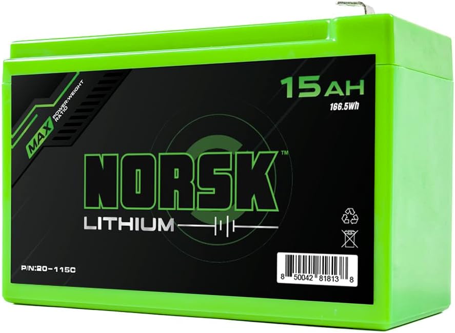 12V, BRAND, CATEGORY, NORSK LITHIUM, 12V 15AH Lithium Ion Battery w/ 2A Charger Kit | 2X Built in USB Ports | Ultra Light 2.6 LBS | 1000+ Charge Cycles | Charger Included