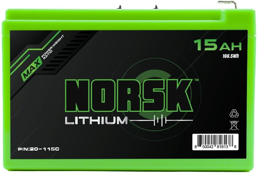 12V, BRAND, CATEGORY, NORSK LITHIUM, 12V 15AH Lithium Ion Battery w/ 2A Charger Kit | 2X Built in USB Ports | Ultra Light 2.6 LBS | 1000+ Charge Cycles | Charger Included