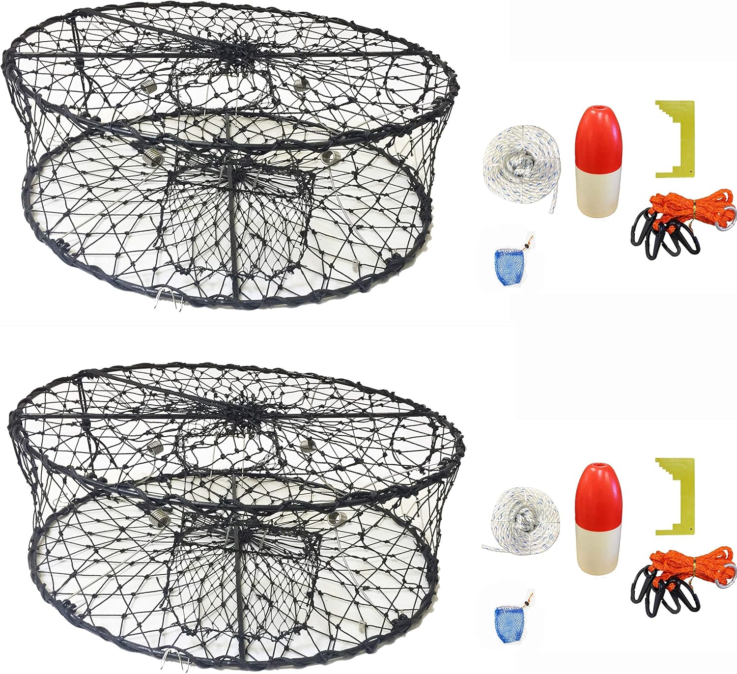 BRAND, CATEGORY, KUFA, NETS, 2-Pack of KUFA CT50 Sports Foldable Crab Trap with Red/White Floats, Harness, Bait Bag, Crab Caliper & Non-Lead Sinking Line Combo (CT50+CAS1) x2