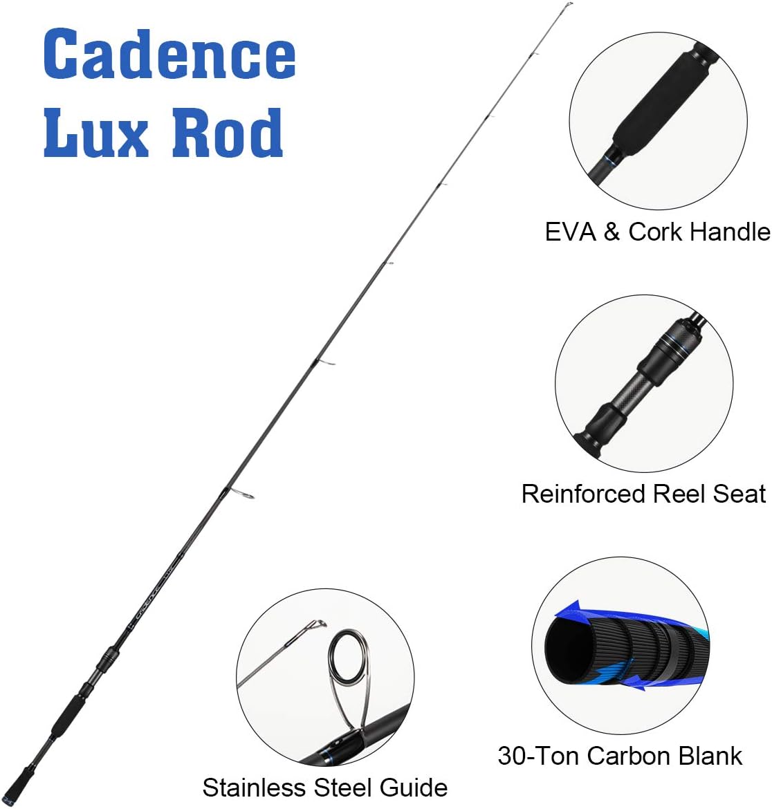 BRAND, CADENCE, CATEGORY, RODS, 2 Piece Cadence Spinning Rod, 6.6-7 Feet Travel Fishing Rod - Both Use in Day Nighttime with 30-Ton Carbon Blank Easy to Use for Various Inland Lake