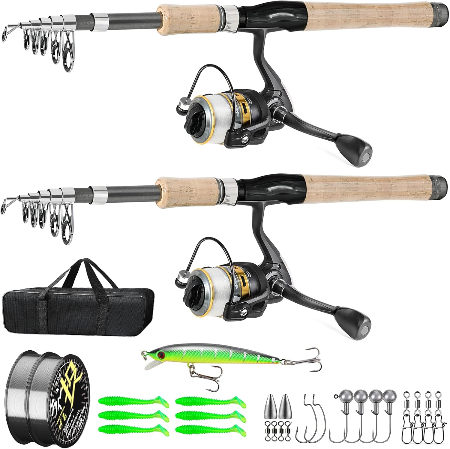 BRAND, CATEGORY, MNCIRISETOU, ROD & REEL COMBOS, 2PCS Fishing Pole Combo,Carbon Fiber Fishing Pole ，12 +1 Shielded Bearings Stainless Steel BB Spinning Reels Fishing Carrier Bag for Travel Saltwater Freshwater