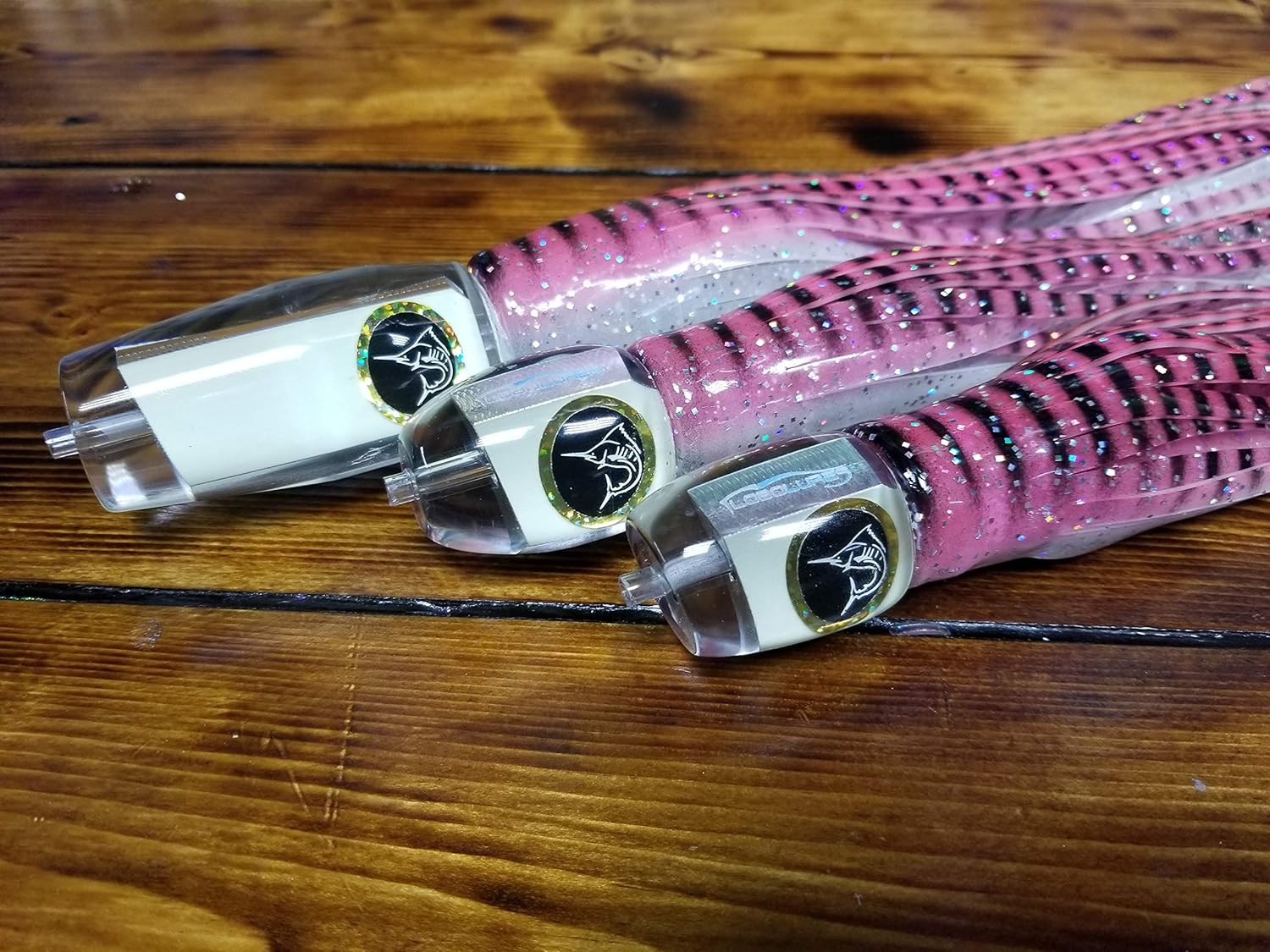 BRAND, CATEGORY, LOBO LURES, TOPWATER LURES, 3 Pack Bigeye Series Pink Super Glow Big Game Fishing 12"-15" Trolling Lure Kit Marlin, Tuna Mahi Built in America!