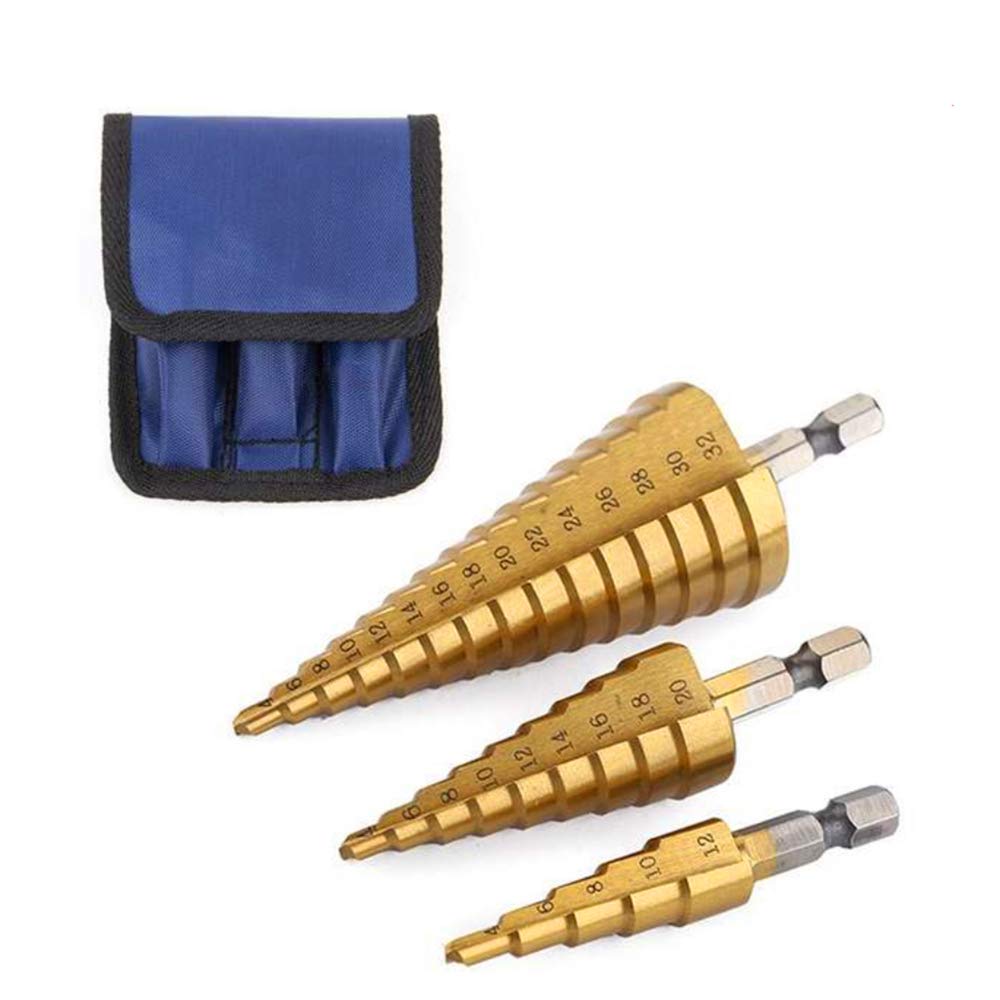 BRAND, CATEGORY, CHANNELMAY, STEP DRILL BITS, 3 Pieces Tool Set 4-12mm/4-20mm/4-32mm Titanium Hex-Shank Drill Bits Set HSS Steel Hole Cutter Step Cone Drill Bit