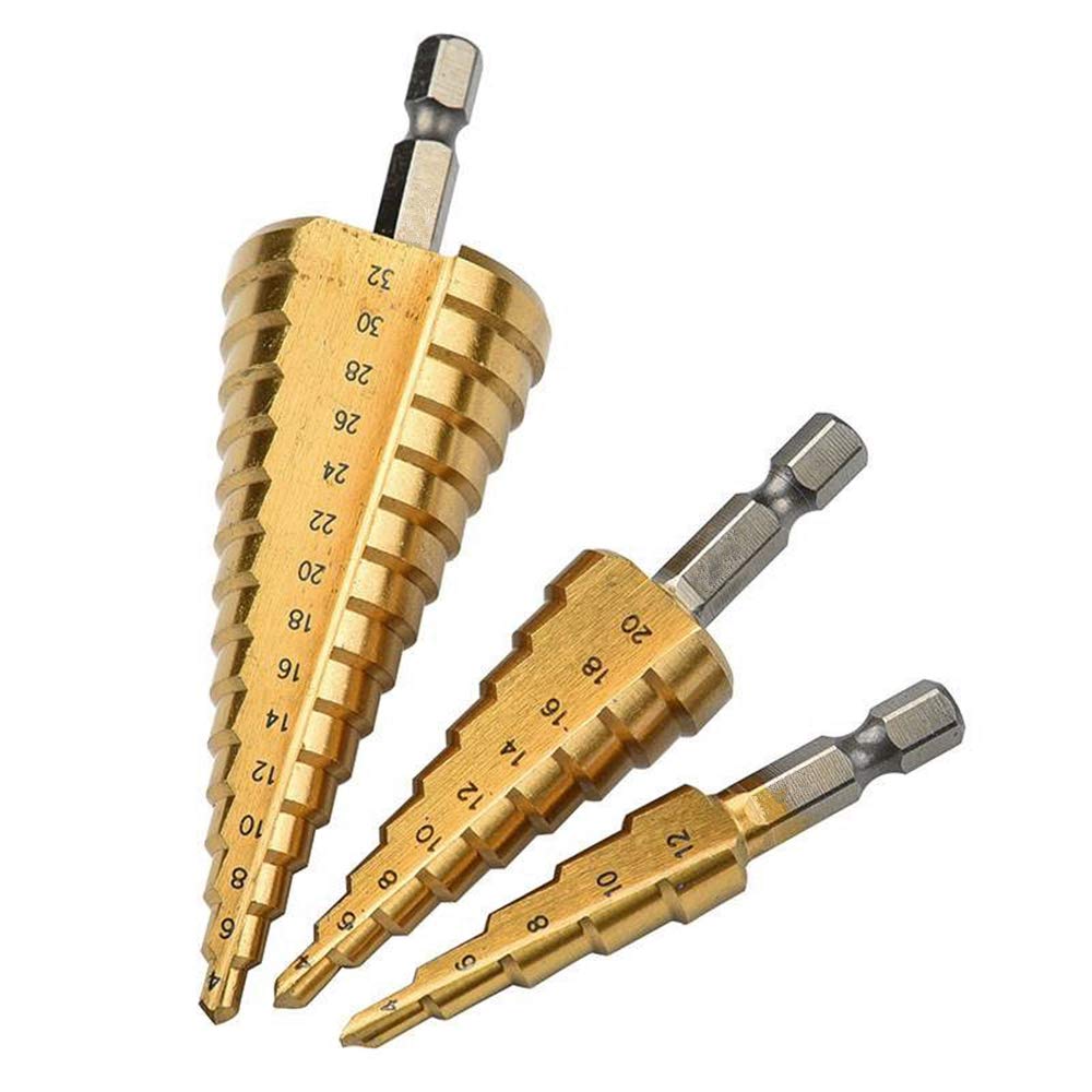 BRAND, CATEGORY, CHANNELMAY, STEP DRILL BITS, 3 Pieces Tool Set 4-12mm/4-20mm/4-32mm Titanium Hex-Shank Drill Bits Set HSS Steel Hole Cutter Step Cone Drill Bit