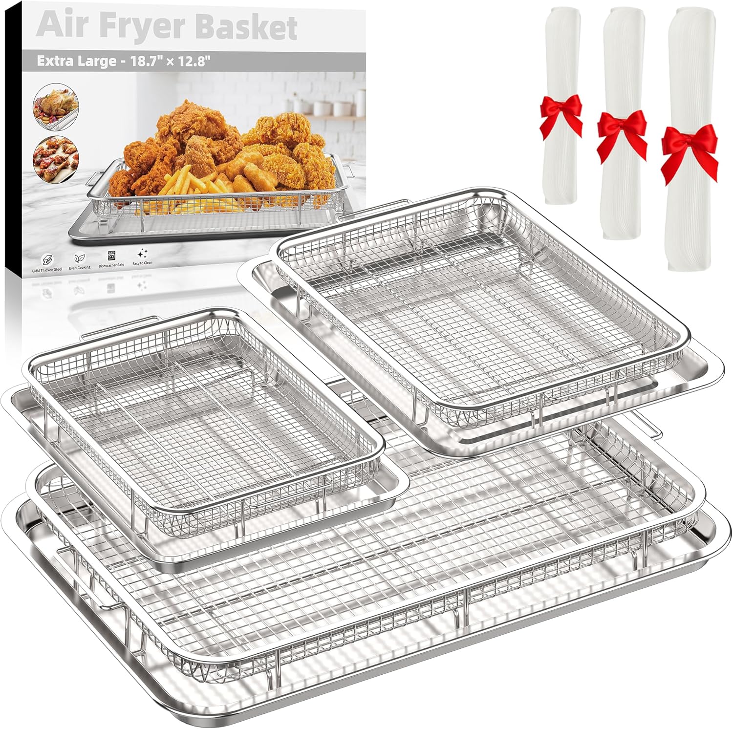 BRAND, CATEGORY, DEEP FRYER PARTS & ACCESSORIES, OPENICE, Air Fryer Basket for Oven, 3 Set Stainless Steel Oven Air Fryer Basket and Tray with 90 PCS Parchment Papers, OPENICE Air Fryer Pans and Crisper Tray - 18.7" x 12.8", 15.6" × 11.6" & 12.8" × 9.6"