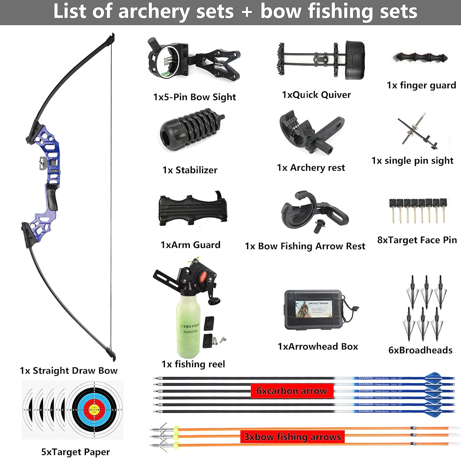 BRAND, CATEGORY, LIMAITY, RECURVE BOWS, Bowfishing Recurve Bows Set for Adult Hunting Practice Shooting Fish with Solid Fishing Arrows and Bowfishing Bottle Reels