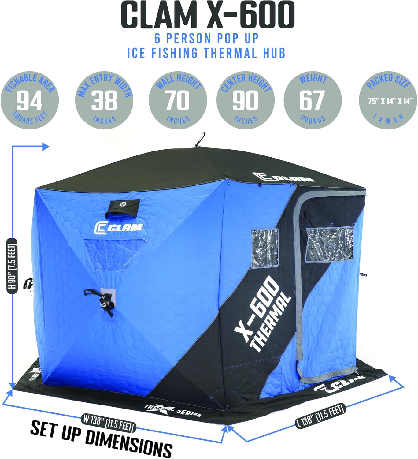 BRAND, CATEGORY, CLAM, SHELTERS, CLAM Portable Pop-Up Outdoor Ice Fishing Shelter 4 Sided Thermal Hub Shelter Tent with Anchors and Carry Bag