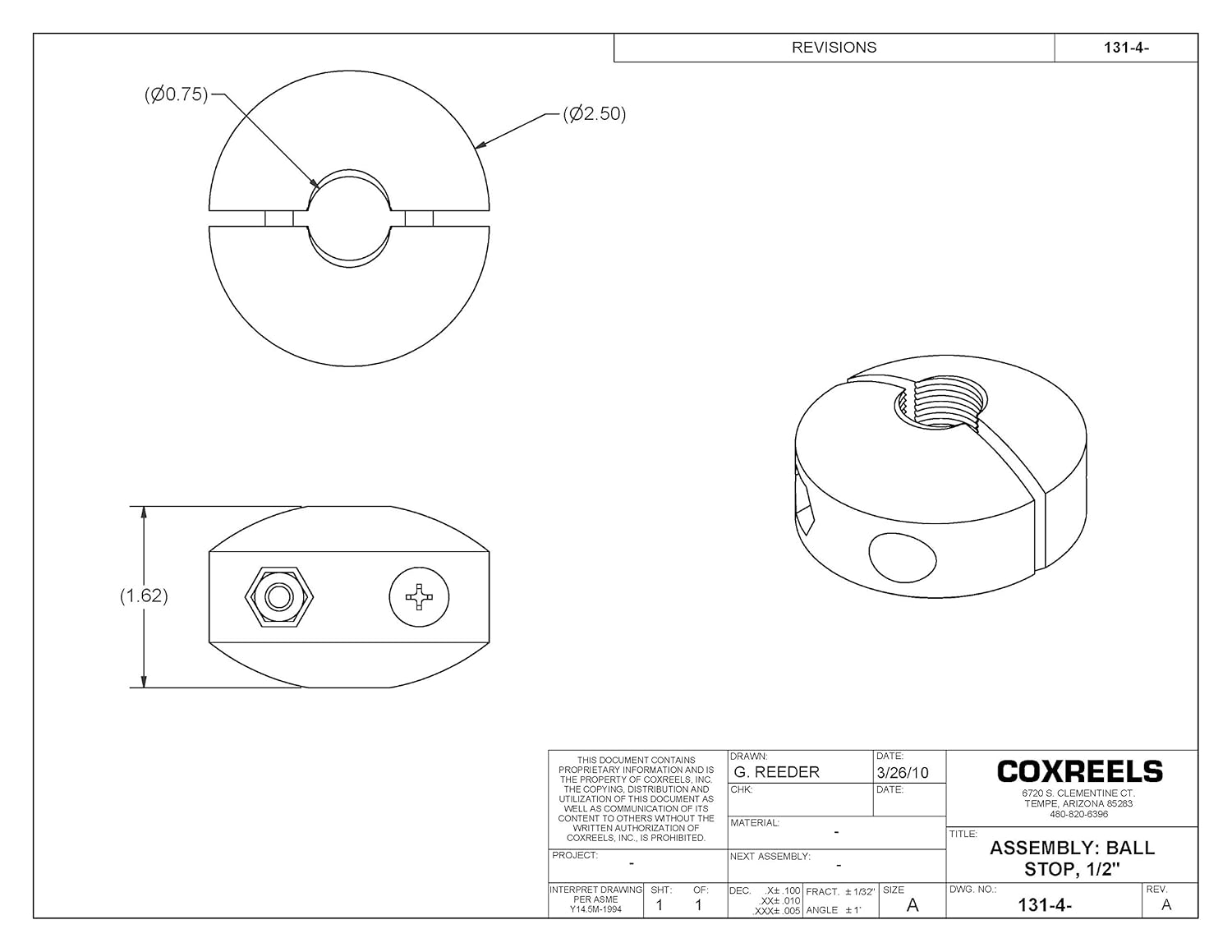 BRAND, CATEGORY, COXREELS, HOSE REELS, COXREELS 131-4 Ball Stop for Spring Driven Reel, fits 1/2" Hose, 2-1/2” OD x 3/4” ID