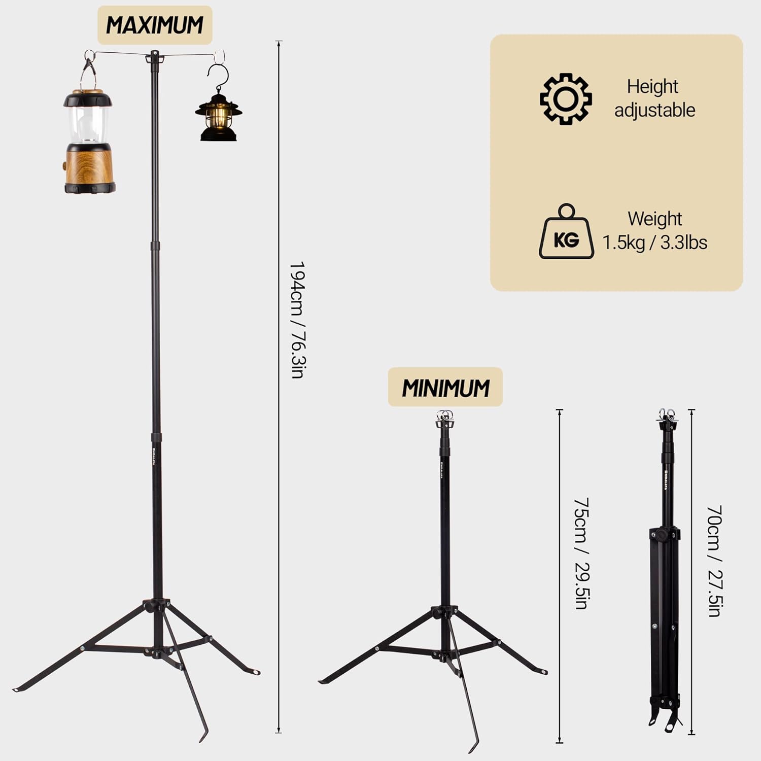 BRAND, CATEGORY, LANTERN ACCESSORIES, OTHER, Camping Folding Lamp Pole, Lightweight Collapsible Aluminum Lantern Stand, Outdoor Portable Lamp Post Hanging Light Holder Stick for Picnic Hiking Fishing BBQ (Tripod Stand)