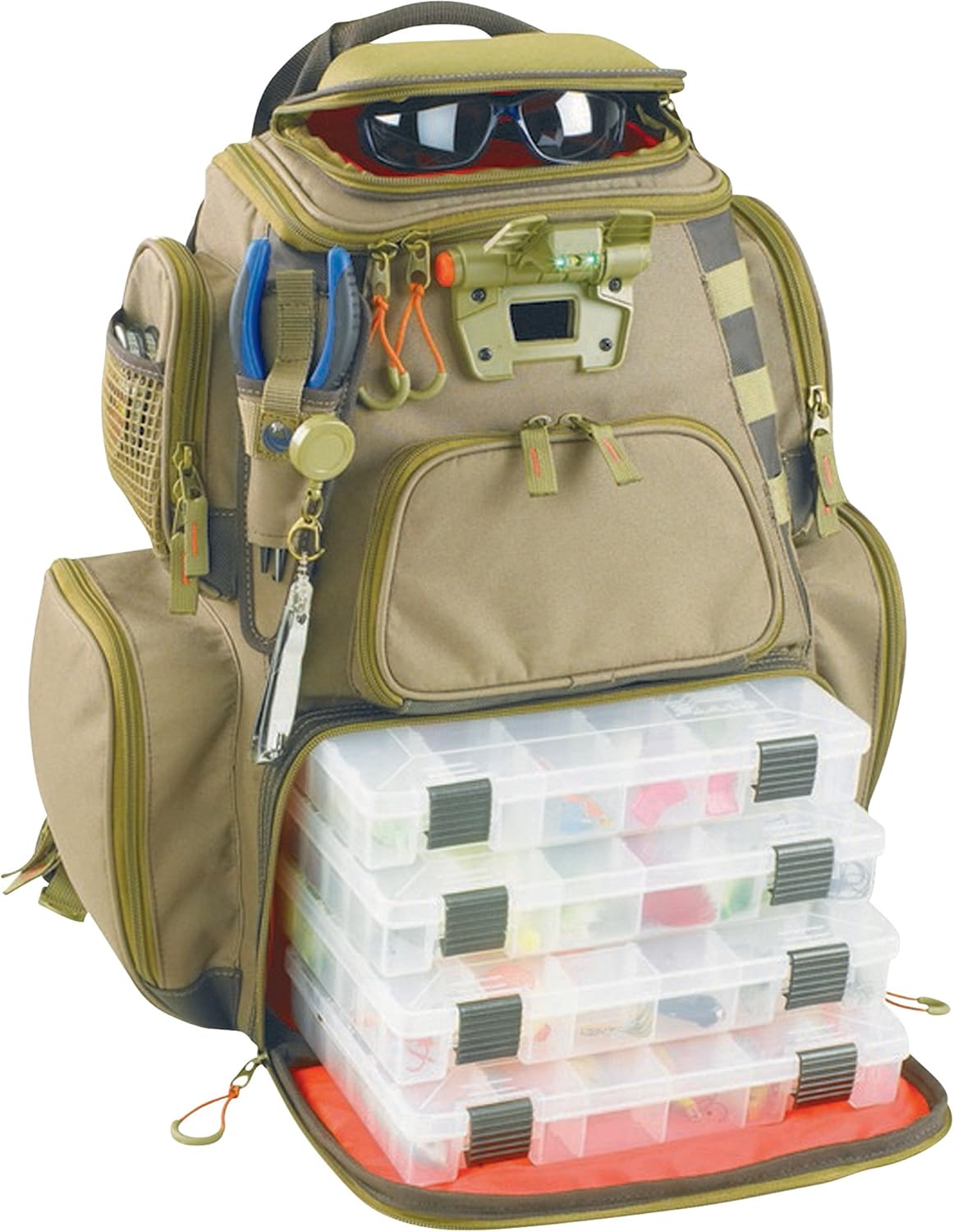 BRAND, CATEGORY, CUSTOM LEATHERCRAFT, TACKLE STORAGE BAGS & WRAPS, Custom Leathercraft Wild River by CLC WT3604 Tackle Tek Nomad Lighted Backpack & Four PT3600 Trays, Orange, Sand