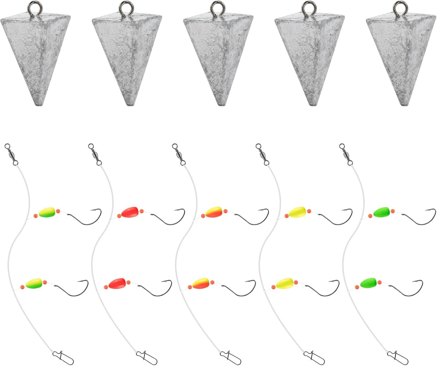 BRAND, CATEGORY, DR.FISH, SINKERS & WEIGHTS, Dr.Fish 5 Pack Pyramid Sinkers 8oz with 5 Pack Pompano Rigs Mixed Color 40"