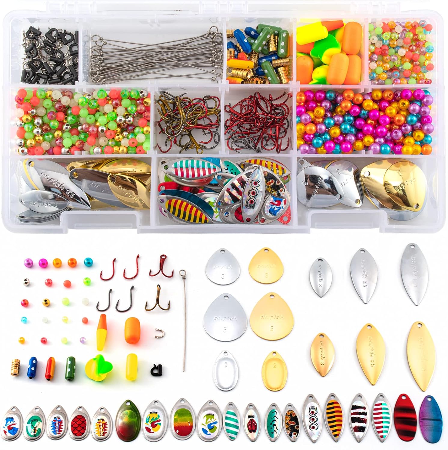 BRAND, CATEGORY, DR.FISH, SPINNERS & SPINNERBAITS, Dr.Fish 1410 Pieces Spinner Making Kit with Tackle Box Walleye Rig Lure Making Supplies Spinner Blades Lure Bodies Rig Floats Spinnerbait Shafts Freshwater Bass Fishing Materials