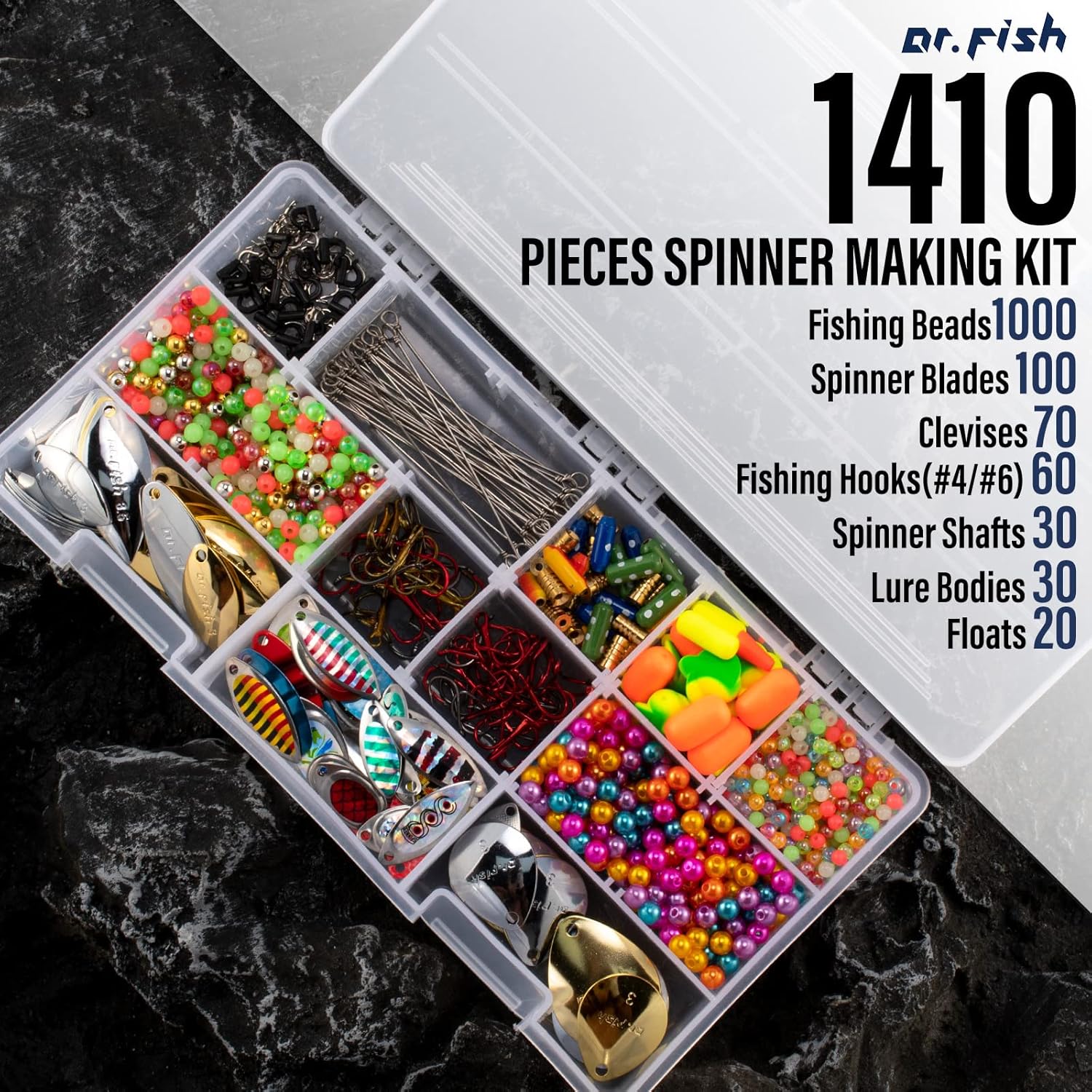 BRAND, CATEGORY, DR.FISH, SPINNERS & SPINNERBAITS, Dr.Fish 1410 Pieces Spinner Making Kit with Tackle Box Walleye Rig Lure Making Supplies Spinner Blades Lure Bodies Rig Floats Spinnerbait Shafts Freshwater Bass Fishing Materials