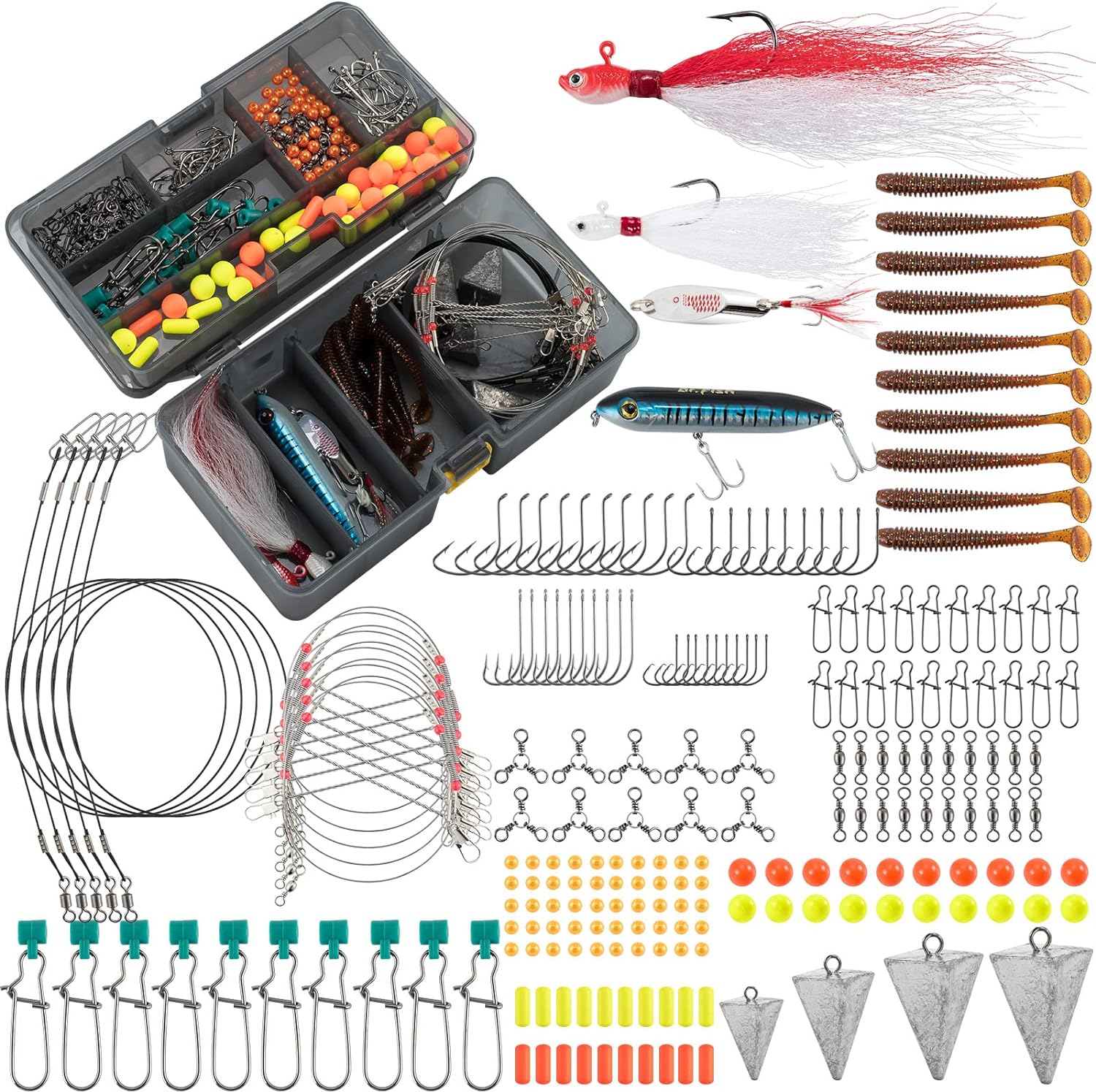 BRAND, CATEGORY, DR.FISH, PLUGS, Dr.Fish 269 Pieces Surf Fishing Tackle Kit with Box, Saltwater Fishing Tackle Pompano Rigs Making Set Bucktail Jigs Saltwater Lures Walking Bait Pier Surf Casting Sea Tackle Kits Lead Pyramid Sinkers