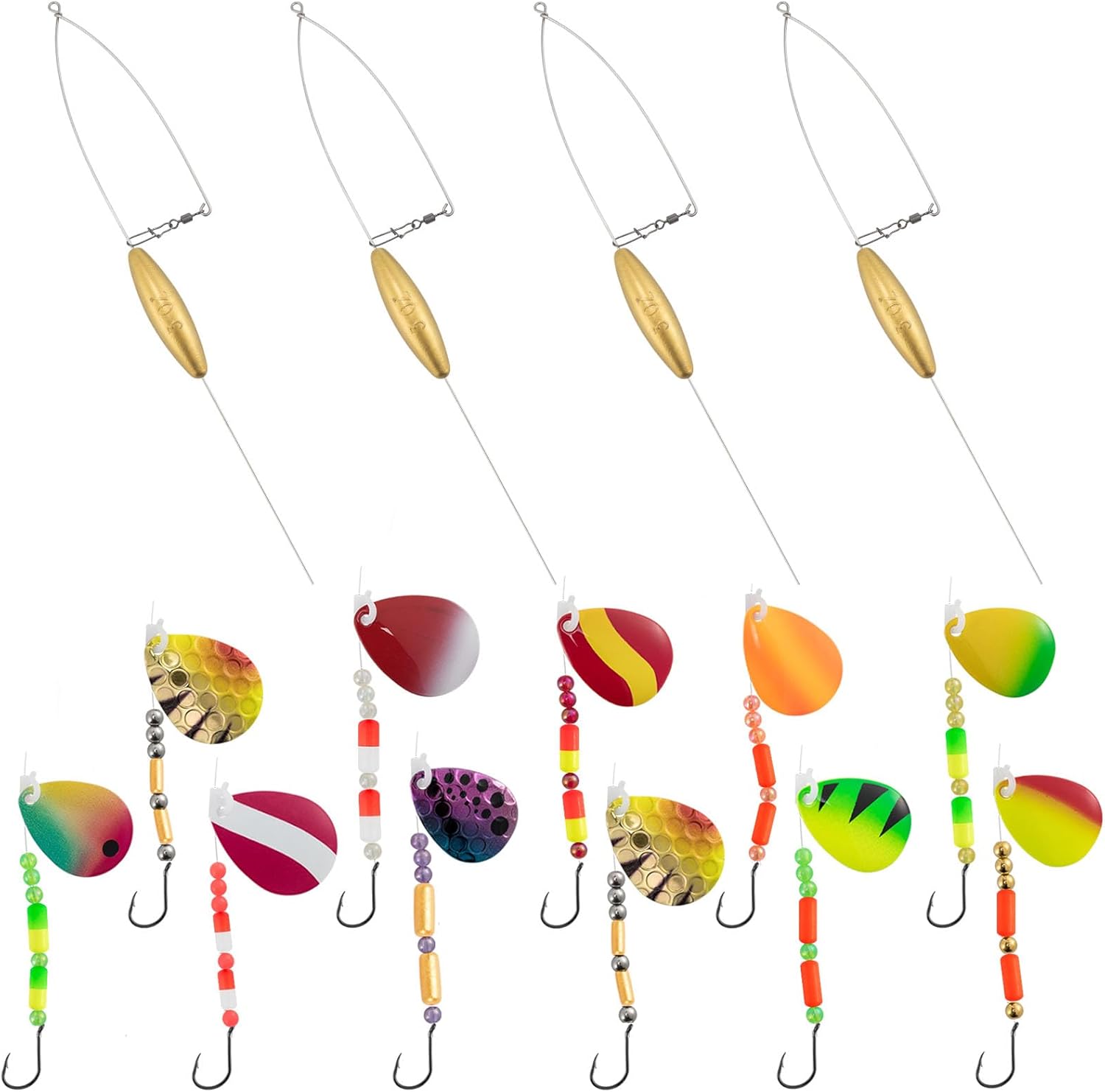 BAIT RIGS, BRAND, CATEGORY, DR.FISH, Dr.Fish 4 Pack Bottom Bouncer for Walleye Rigs 1oz Gold with 10 Pack Walleye Spinner Rig 15LB