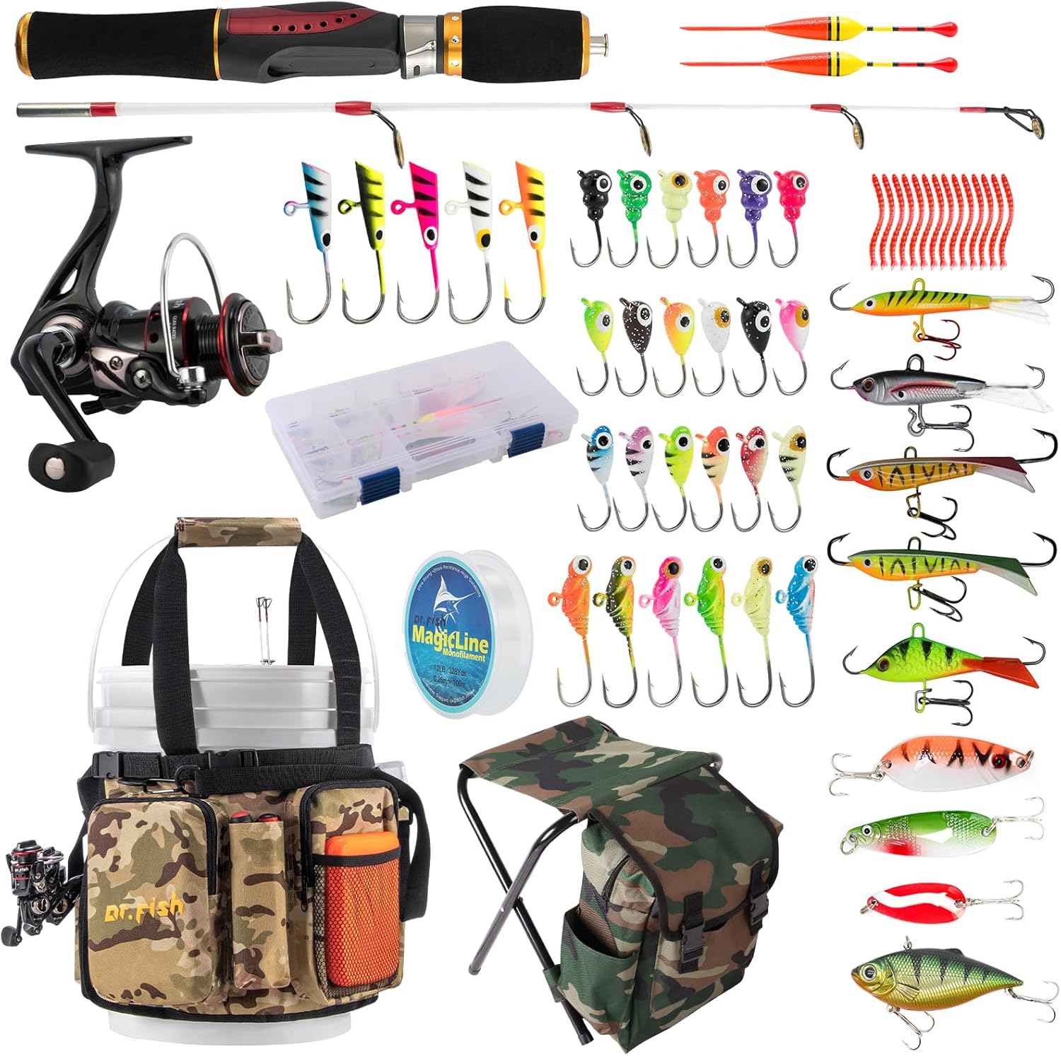 BRAND, CATEGORY, DR.FISH, ICE FISHING, Dr.Fish 40-Pieces Ice Fishing Rod and Reel Combo with 5 Gallon Bucket Tool Organizer for Ice Fishing Gear