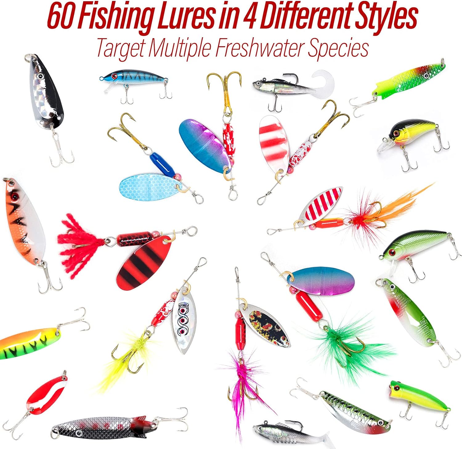 BRAND, CATEGORY, DR.FISH, SPINNERS & SPINNERBAITS, Dr.Fish 60 Pieces Fishing Lures Kit, 5 Tackle Box with Tackle Included, Fishing Spinner Lure Set Rooster Tail Lures Kits Trout Lures Freshwater Crappie Bass Walleye Bait Assorted