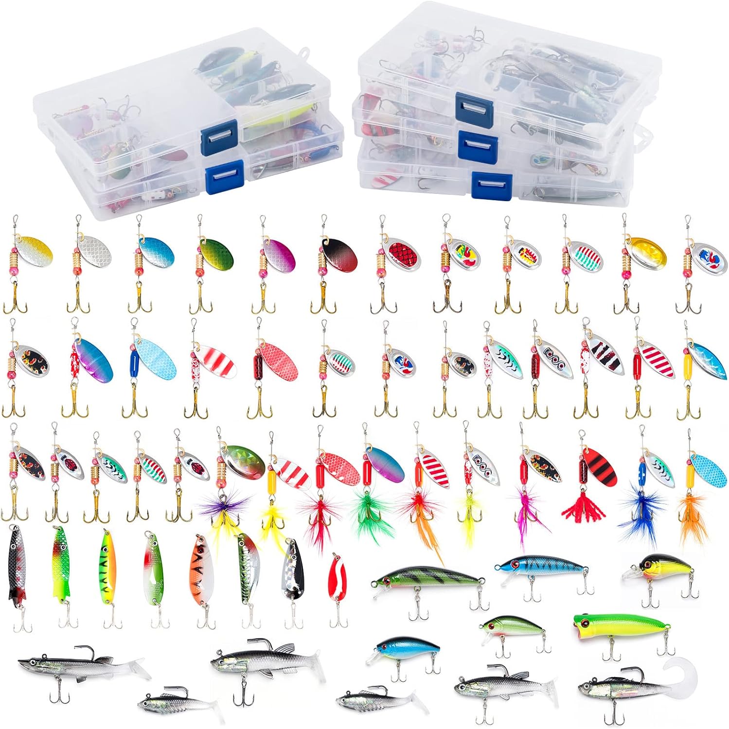 BRAND, CATEGORY, DR.FISH, SPINNERS & SPINNERBAITS, Dr.Fish 60 Pieces Fishing Lures Kit, 5 Tackle Box with Tackle Included, Fishing Spinner Lure Set Rooster Tail Lures Kits Trout Lures Freshwater Crappie Bass Walleye Bait Assorted