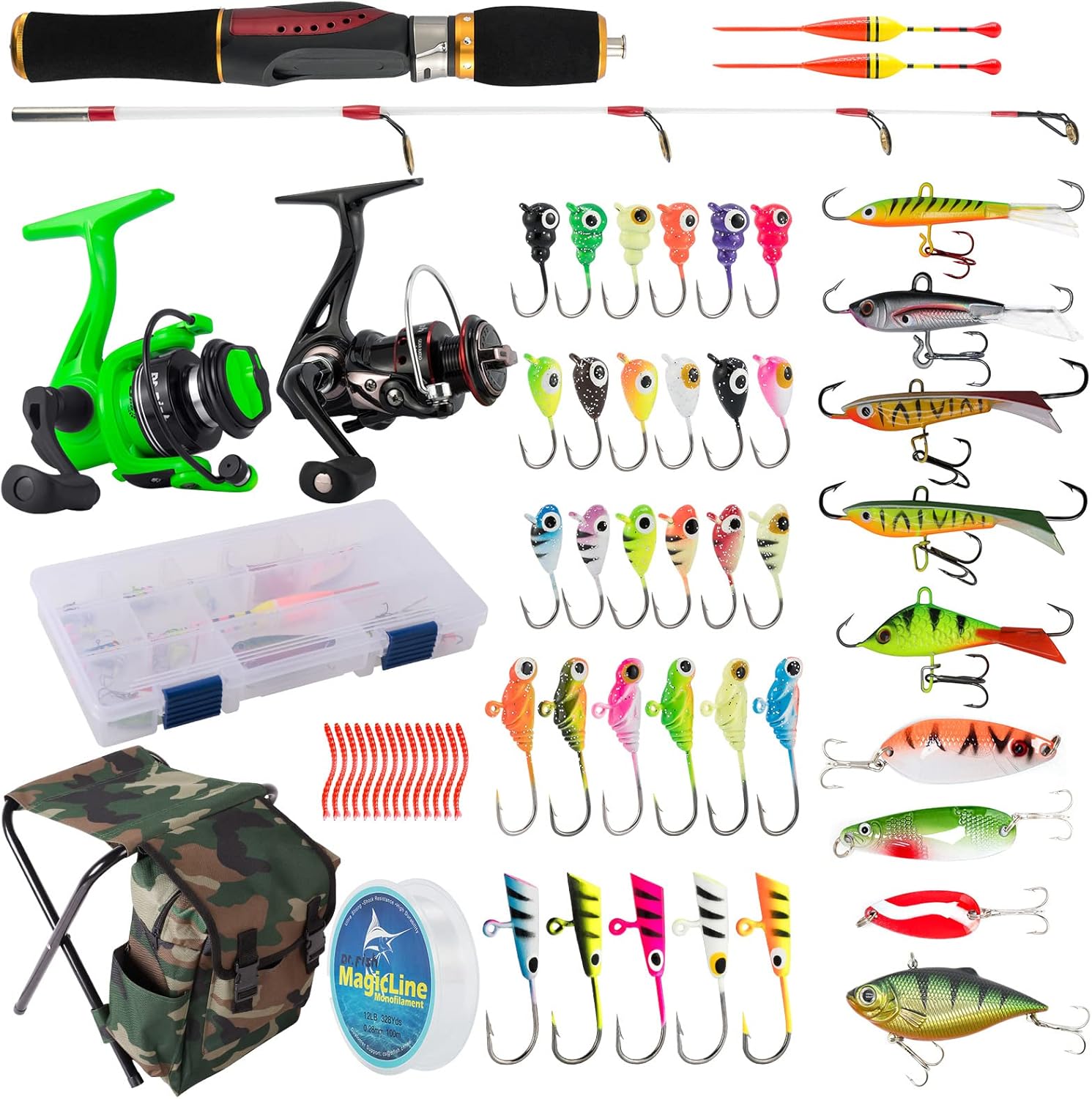 BRAND, CATEGORY, DR.FISH, ICE FISHING, Dr.Fish Ice Fishing Rod and Reel Combo with 2 Ice Spinning Reels Ice Fishing Gears Equipment Ice Fishing Pole Ice Jig Lures