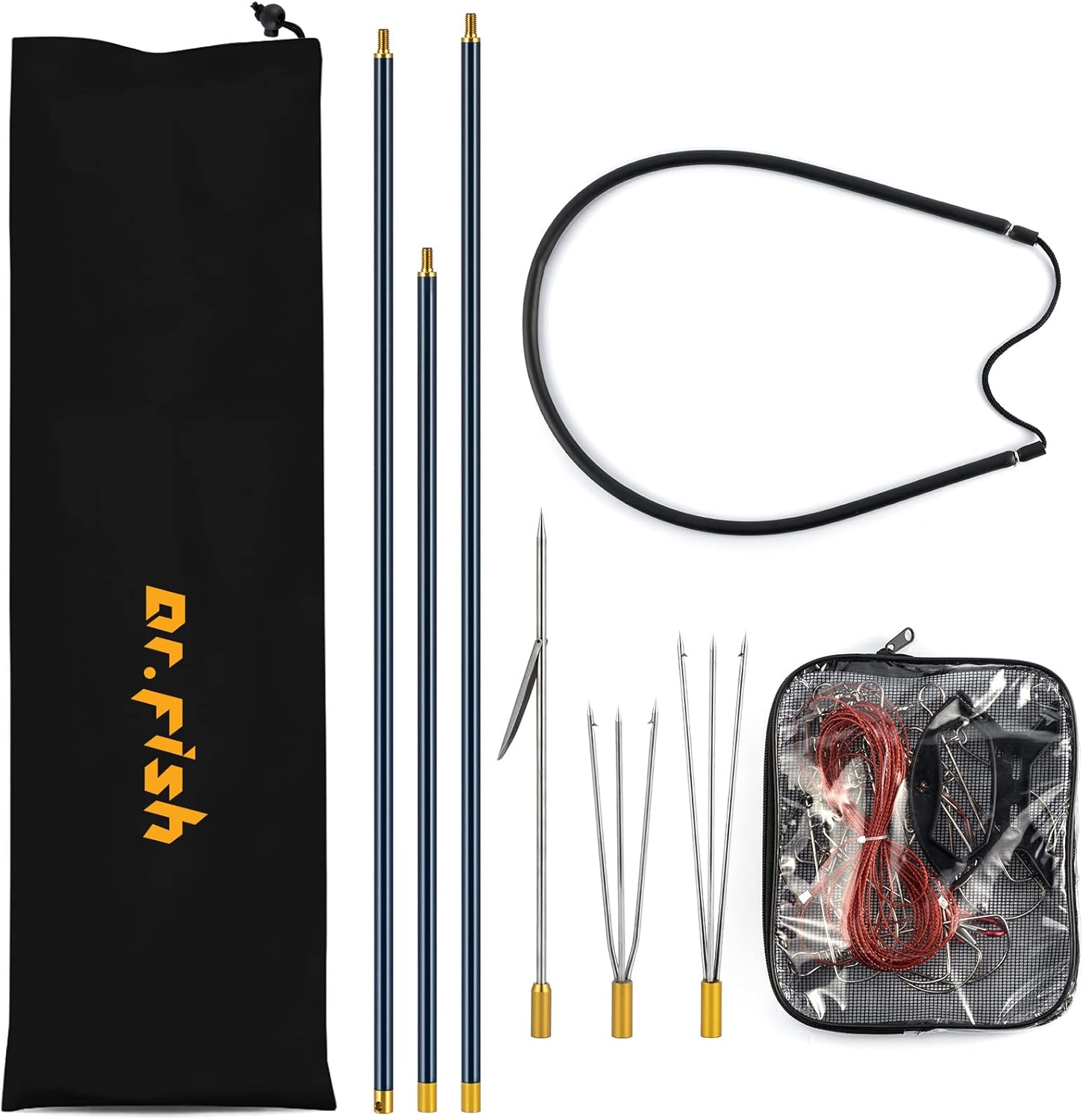 BRAND, CATEGORY, DR.FISH, GAFFS, Dr.Fish Spearfishing Kit Stainless Steel Fishing Stringer 6'5" Fiberglass 3-Piece Hawaiian Sling Pole Spear Paralyzer 3 Tips Set Harpoon Travel Bag