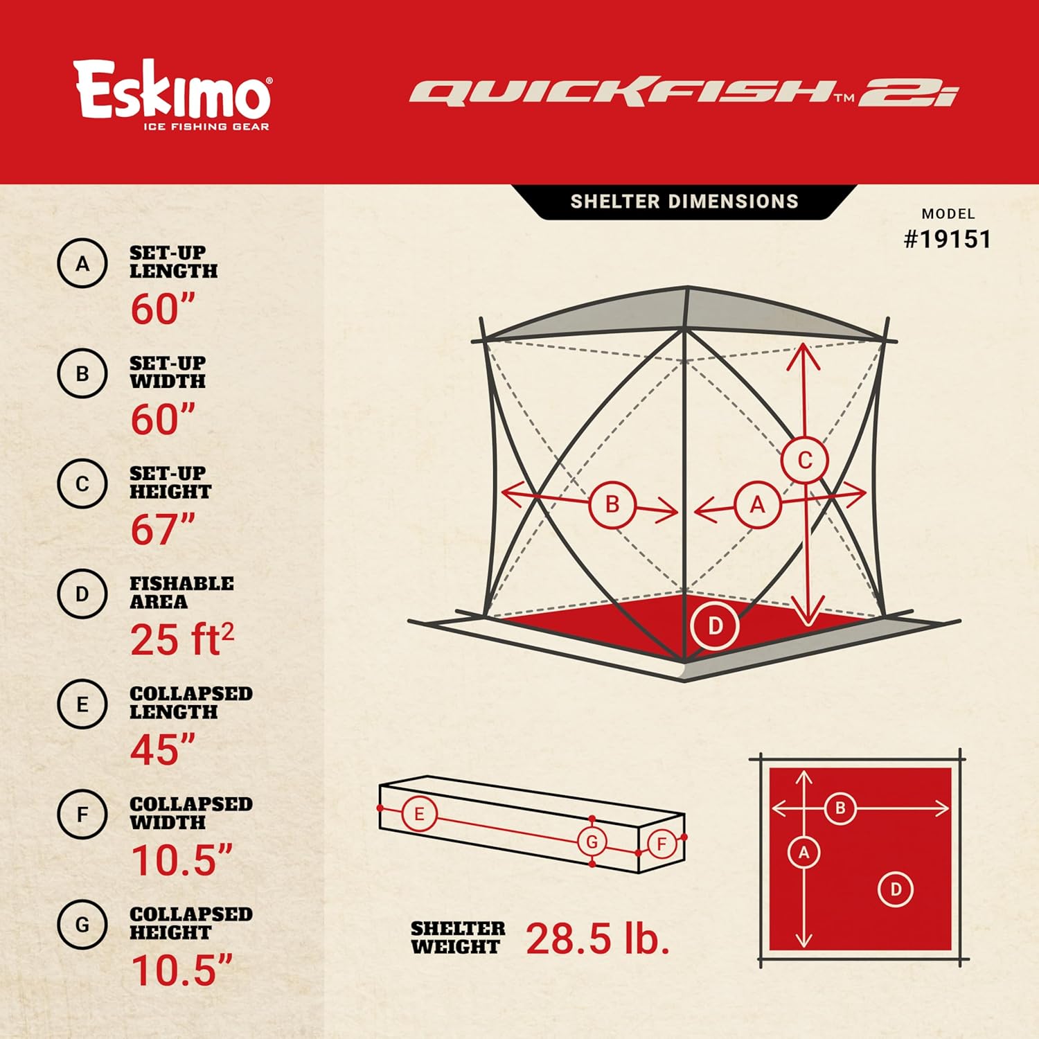 BRAND, CATEGORY, ESKIMO, SHELTERS, Eskimo 19151 Quickfish 2i Insulated Pop-Up Portable Hub-Style Ice Fishing Shelter, 25 Square Feet of Fishable Area, 2 Person Shelter,Red, 60" x 60"