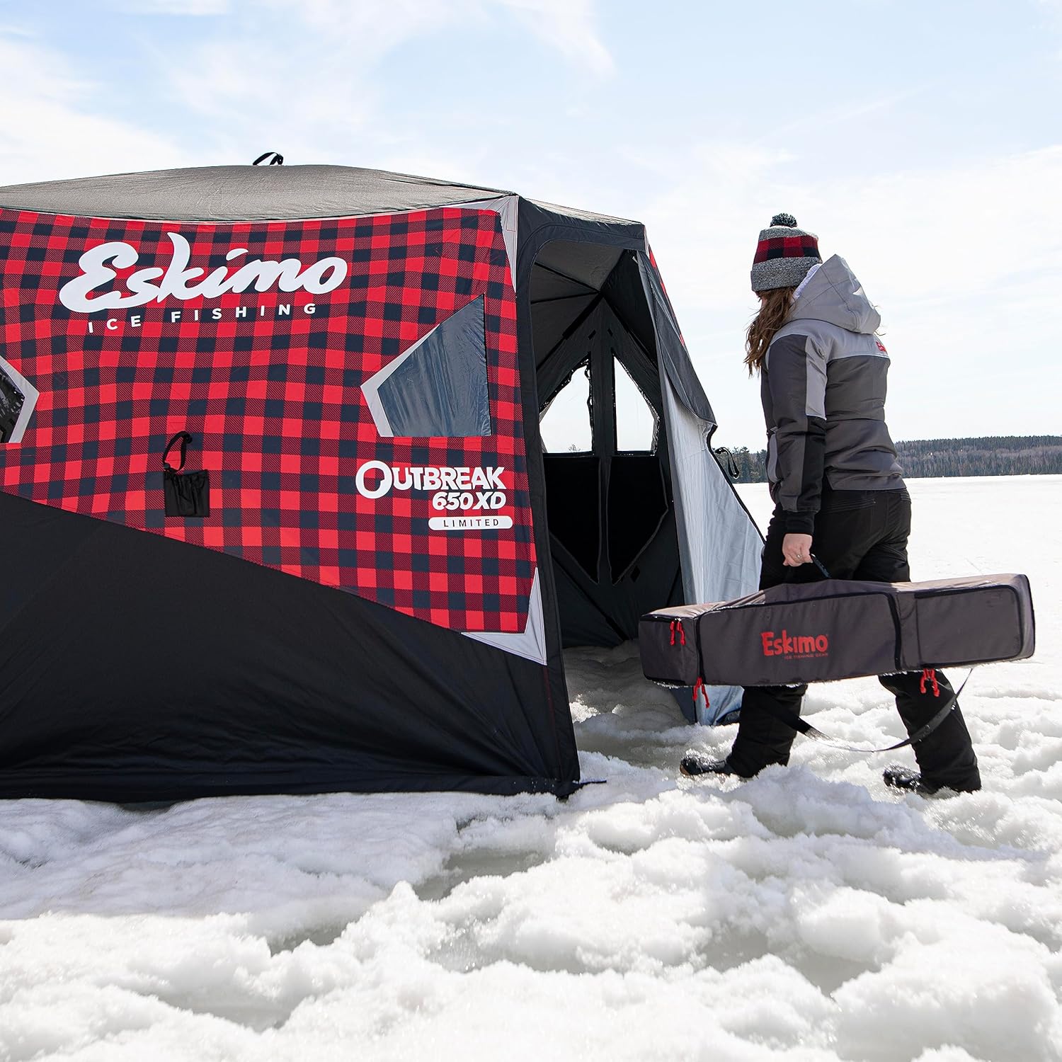 BRAND, CATEGORY, ESKIMO, SHELTERS, Eskimo 44650 Outbreak™ 650XD Limited, Pop-Up Portable Ice Shelter, Insulated, Plaid, No-Trip Door, Gray Interior, Deluxe Tie-Downs, Ice Anchors, 5-7 Person