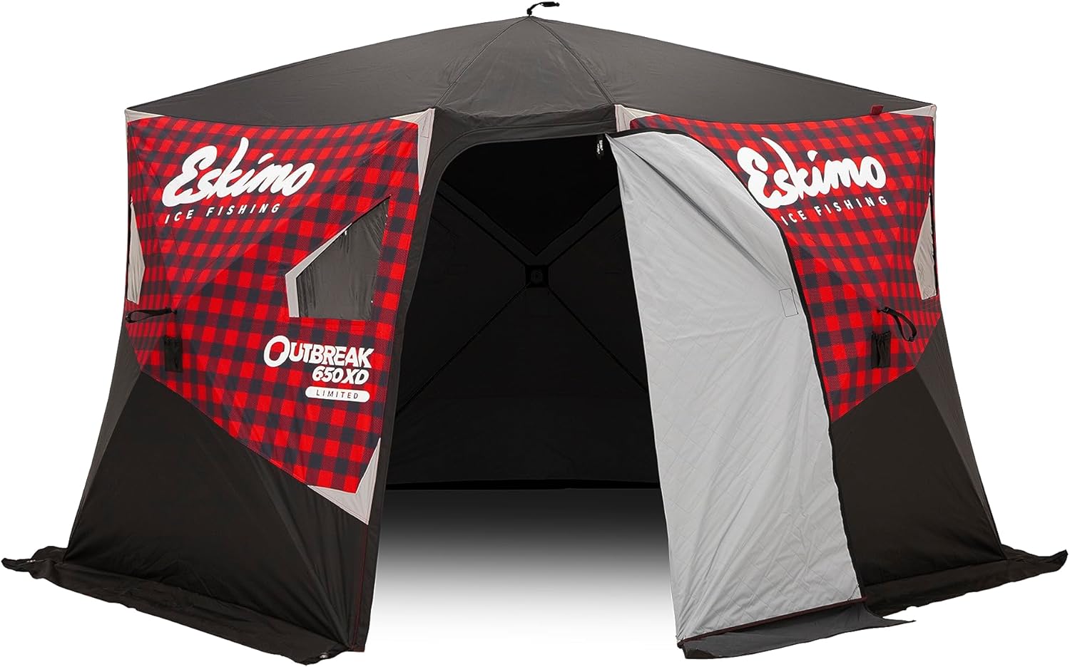 BRAND, CATEGORY, ESKIMO, SHELTERS, Eskimo 44650 Outbreak™ 650XD Limited, Pop-Up Portable Ice Shelter, Insulated, Plaid, No-Trip Door, Gray Interior, Deluxe Tie-Downs, Ice Anchors, 5-7 Person