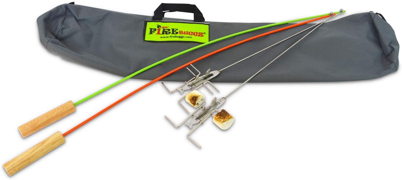 BRAND, CATEGORY, COOKING UTENSILS, FIREBUGGZ, Family Fun Pak Marshmallow and Weiner Roasting Sticks. Set Includes 2-Fire Fishing Poles, 2-Crank EEZ Campfire Roasters, Roaster Holder, and Carry Bag