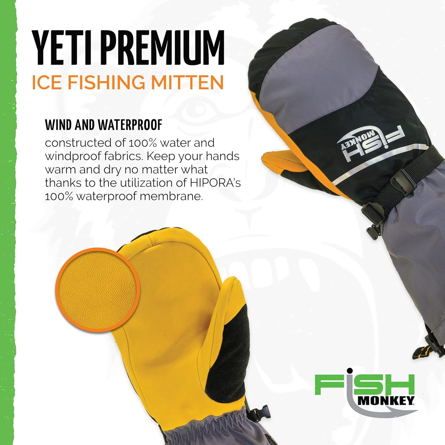 BRAND, CATEGORY, FISH MONKEY, FISHING GLOVES, Fish Monkey Yeti Premium Dry Tec Winter Cold Ice Windproof and HIPORA Waterproof Thinsulate Touchscreen Compatible Fishing Mittens for Men and Women