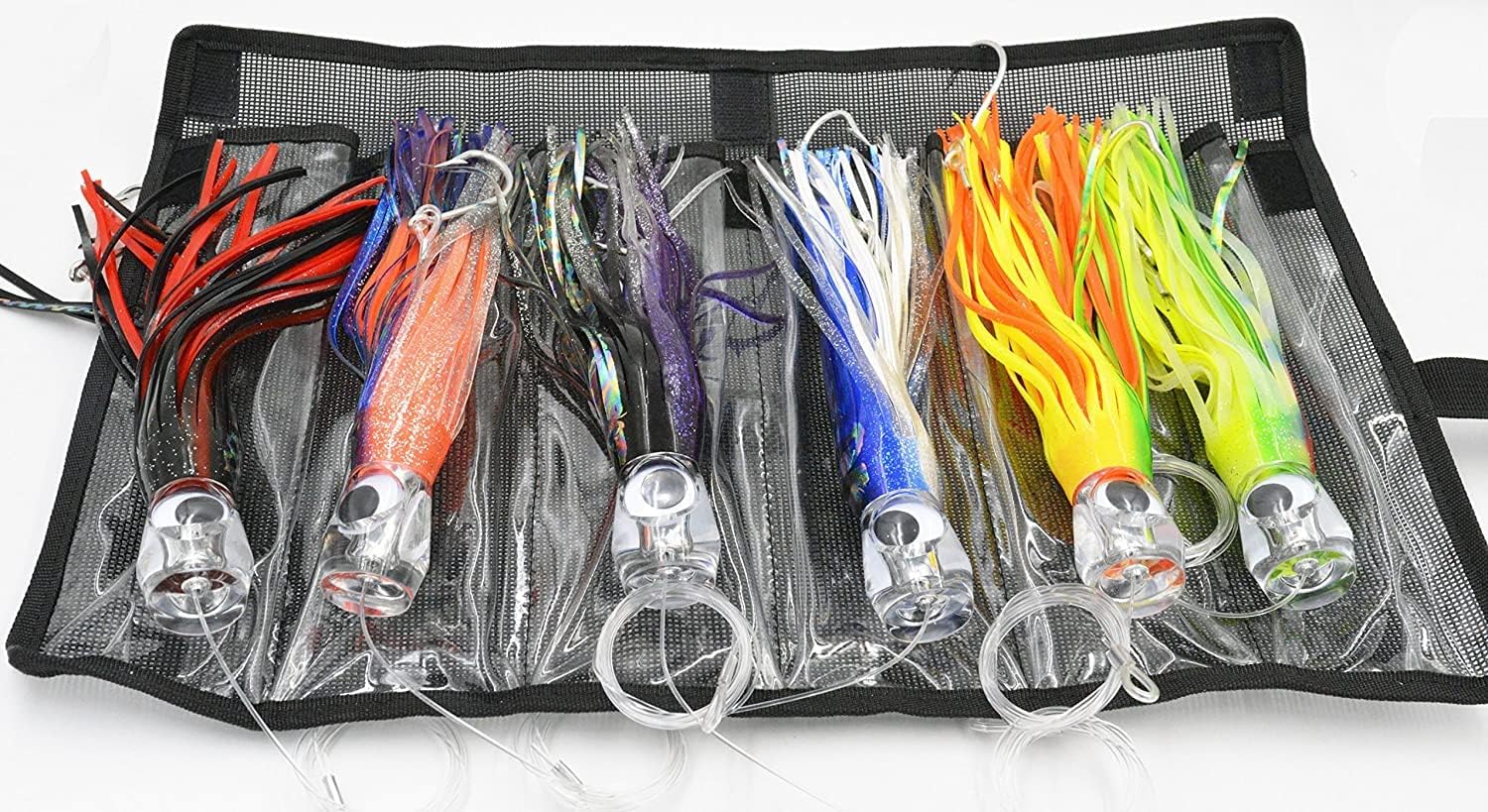 BIMINI, BRAND, CATEGORY, TOPWATER LURES, Fishing Lure Set of 6 Trolling Saltwater Skirted Lures: Rigged Lures and Black Bag Included. Catch Any Predatory Pelagic Fish in The Ocean Including Dolphin, Tuna, and Wahoo!