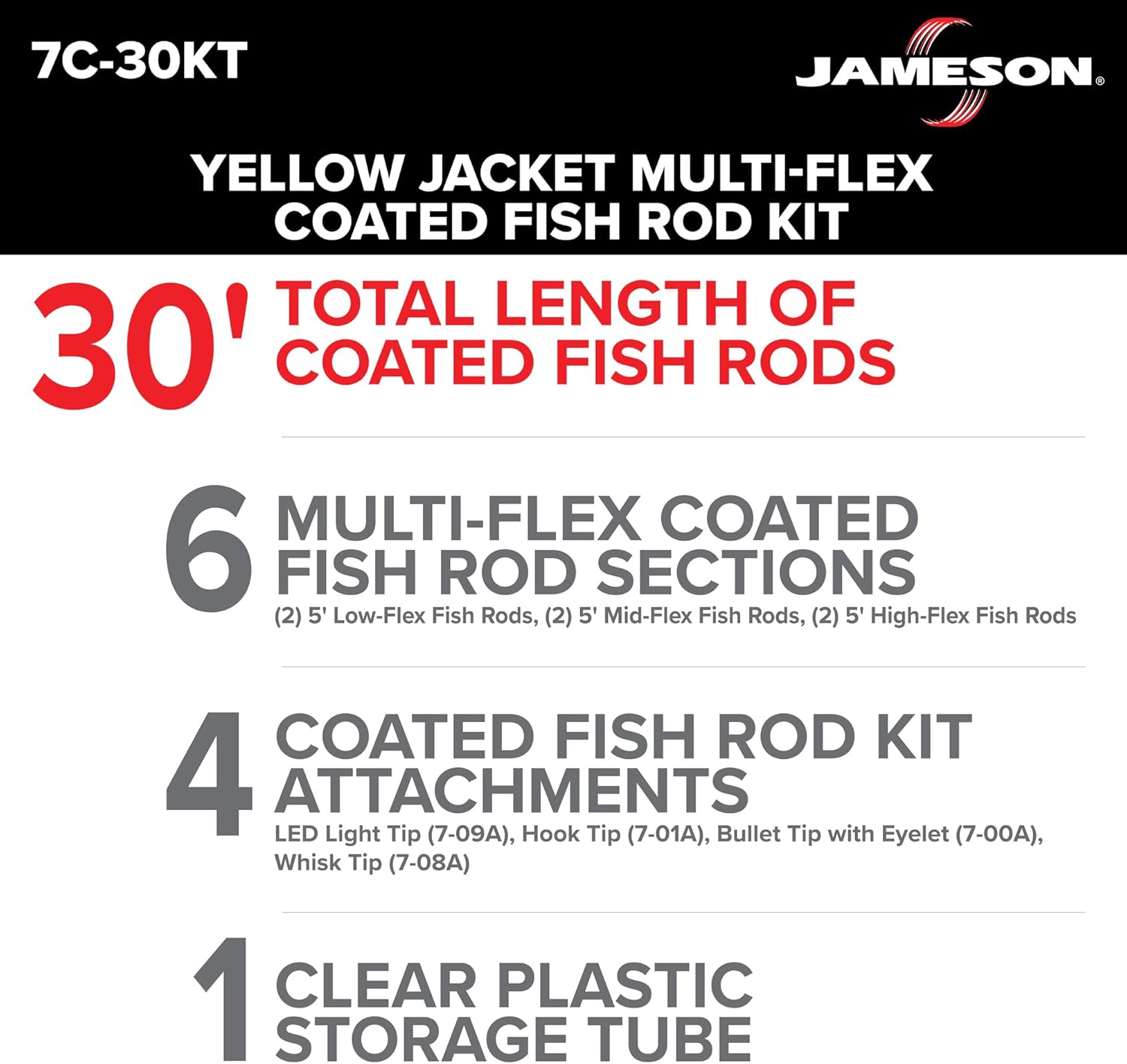 BRAND, CATEGORY, FISH TAPE, JAMESON, Jameson Multi-Flex Yellow Jacket Splinter Shield Coated Fish Rod Kit, Total Length 30 Ft, LED Light Tip Included