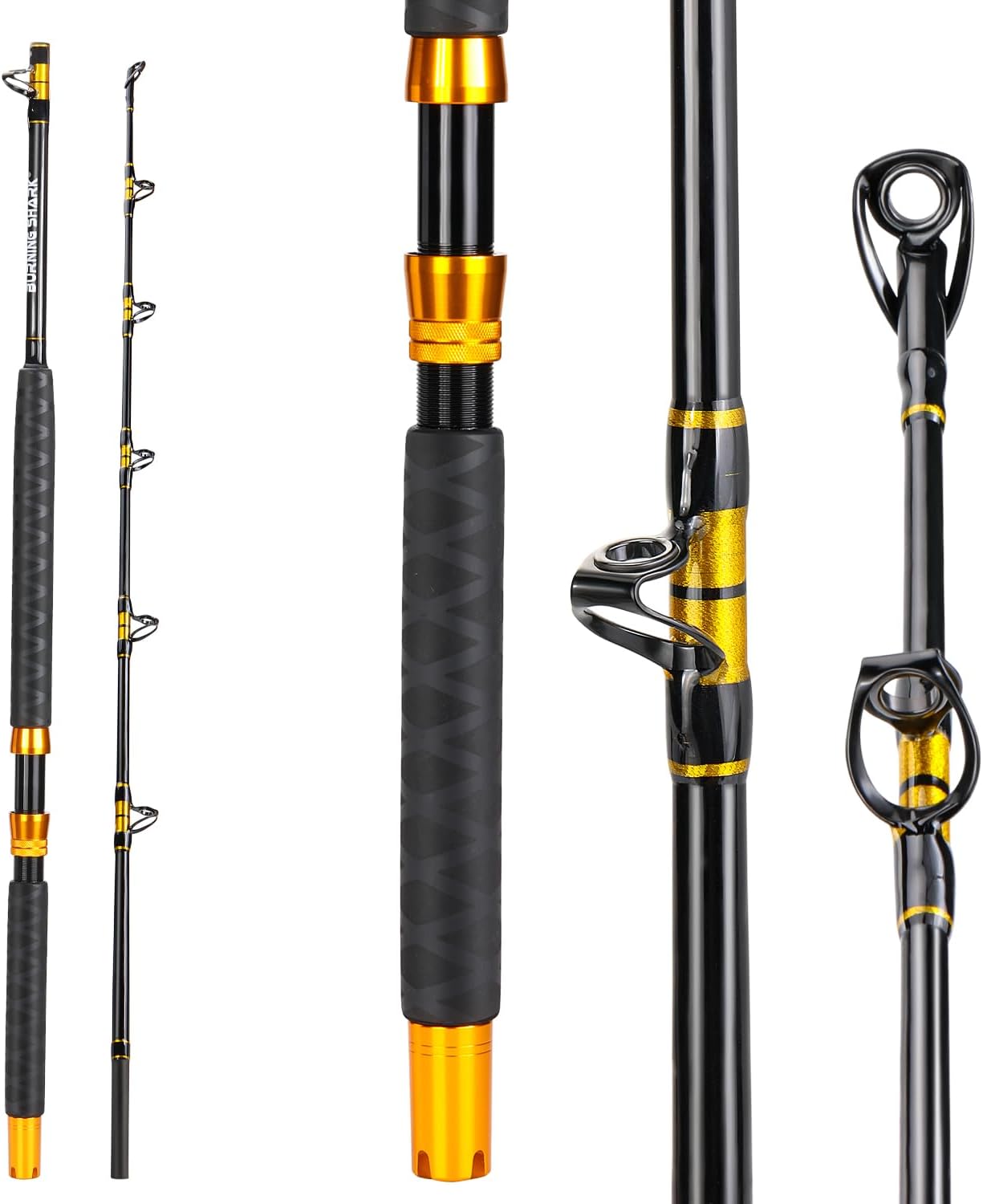 BRAND, BURNING SHARK, CATEGORY, RODS, Jigging Rod Saltwater Offshore Heavy Trolling Fishing Rod 2 Pieces Conventional Boat Fishing Rod with Roller Guides- Gloden 6'