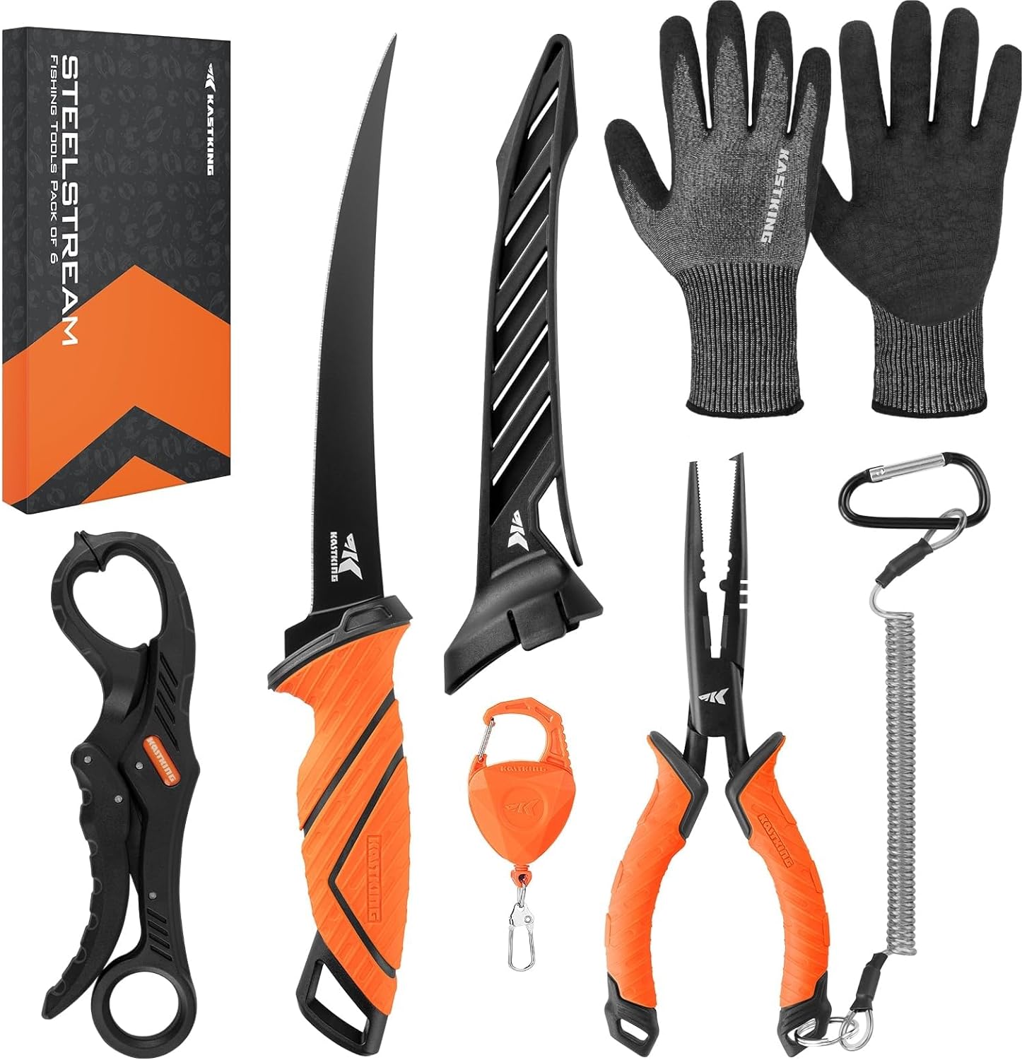 BRAND, CATEGORY, FILET & BAIT KNIVES, KASTKING, KastKing Kut Safe Fillet Gloves&SteelStream 6pc Fishing Tool Kit