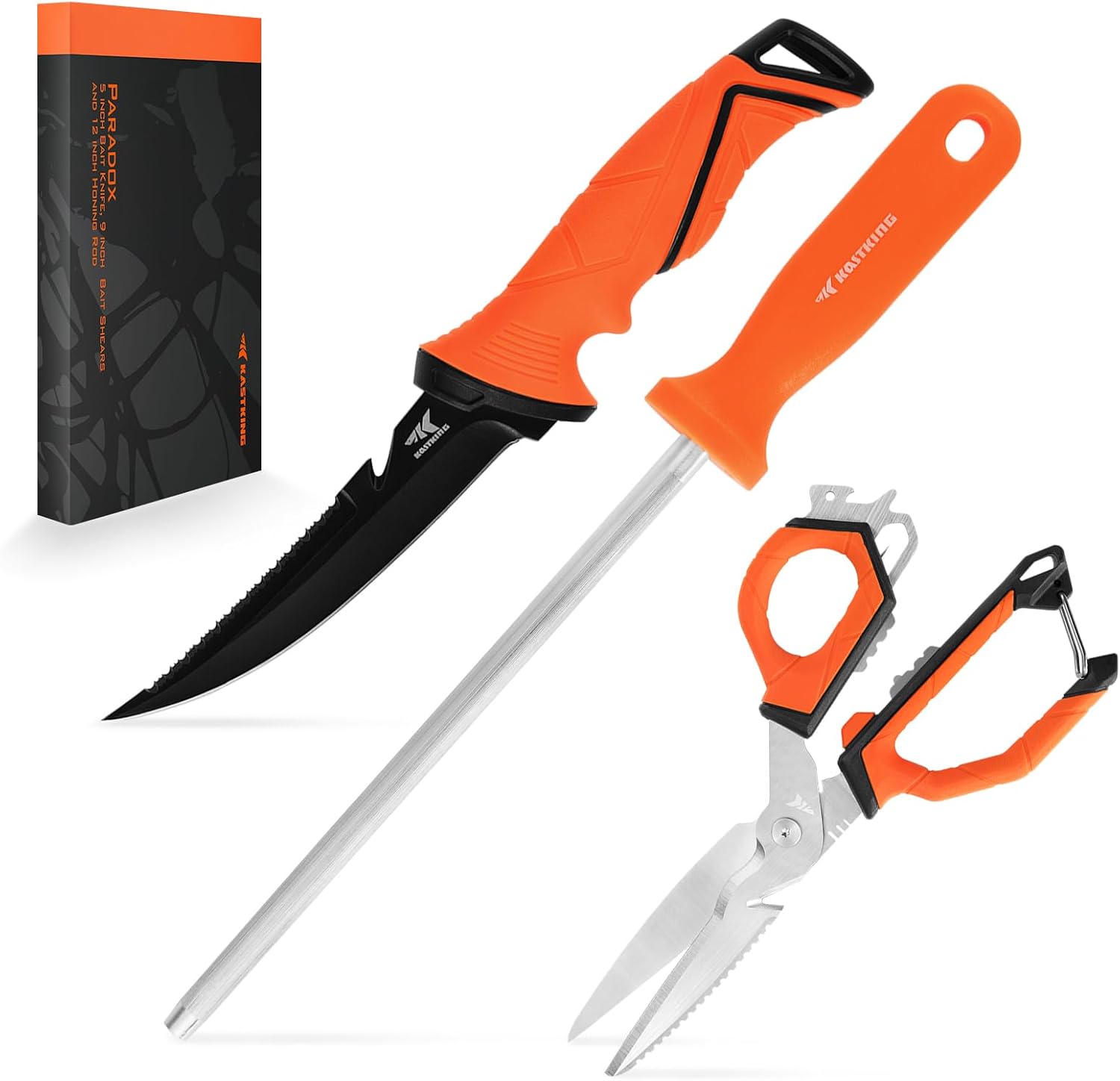 BRAND, CATEGORY, FILET & BAIT KNIVES, KASTKING, KastKing Paradox Fishing Tool, Complete Fish Clean & Prep Set, 9" Fillet Knife, 9" Multi-Purpose Bait Shears, and 12" Honing Rod, Durable Stainless Steel, with Non-Slip Handles and Custom Sheaths