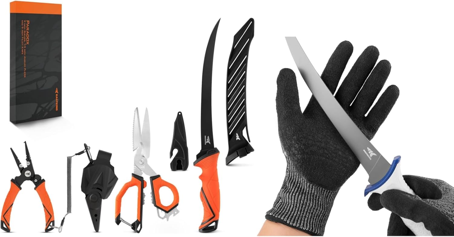 BRAND, CATEGORY, FILET & BAIT KNIVES, KASTKING, KastKing Paradox Fishing Tools Set, Stainless Steel 9" Bait Shears, 7.5" Angled Nose Pliers & 9" Fillet Knife, Kut Safe Fillet Gloves