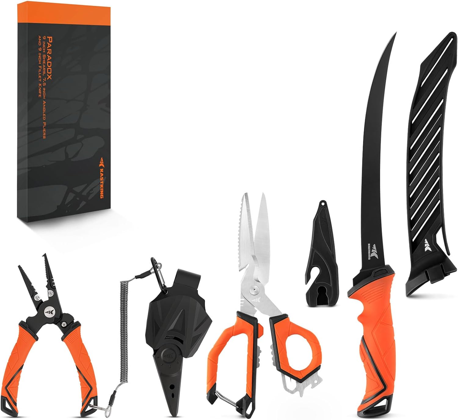 BRAND, CATEGORY, KASTKING, TOOL SETS, KastKing Paradox Fishing Tools Set, Stainless Steel 9" Bait Shears, 7.5" Angled Nose Pliers & 9" Fillet Knife with Non-Slip Grips and Protective Sheaths