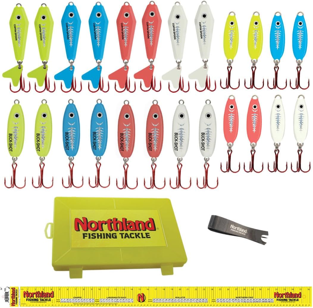 BRAND, CATEGORY, NORTHLAND TACKLE, SPOONS, Northland Fishing Tackle Super Glo Ice Fishing Spoon Tackle Kit, 24 Assorted Spoons with Tackle Box, Line Clippers, and Measuring Sticker for Ice Fishing