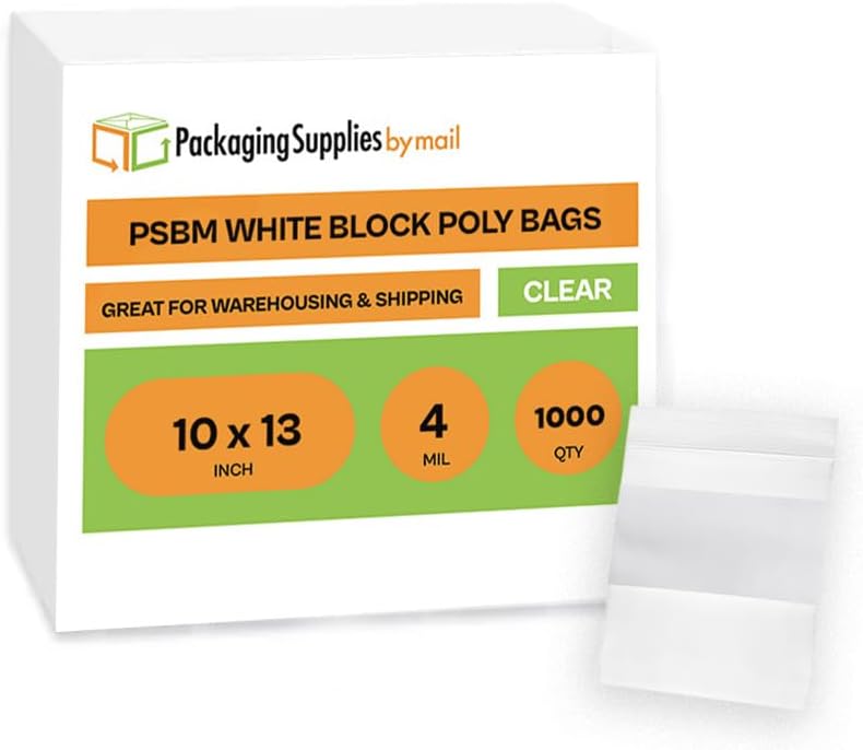 BRAND, CATEGORY, PACKAGINGSUPPLIESBYMAIL, POLY & PLASTIC PACKAGING BAGS, Plastic Bag, Resealable White Block Bags, Clear, 6 x 9 Inch, 4 Mil, 1000 Pack