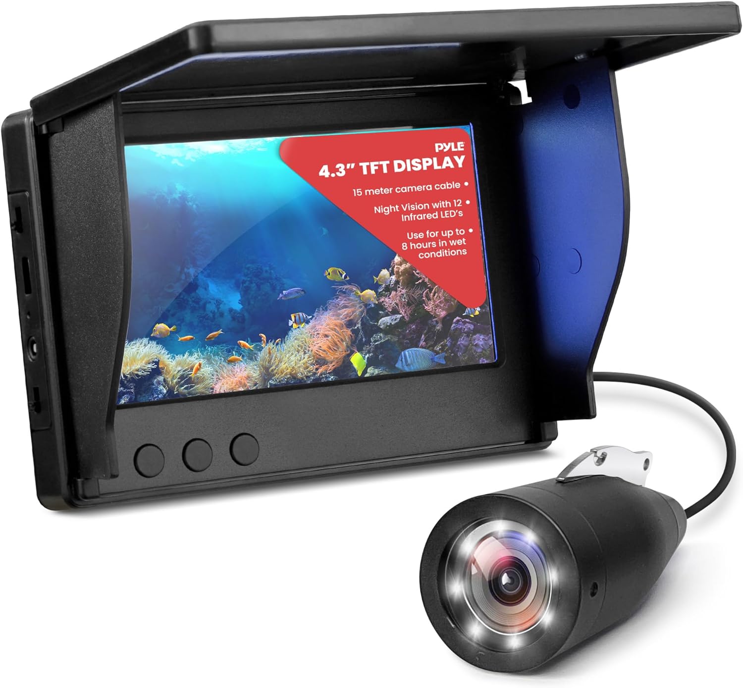 BRAND, CATEGORY, FISH FINDERS & DEPTH FINDERS, PYLE, Pyle 4.3'' Portable LCD Monitor Underwater Fishing Camera, 1000TVL Camera with 12pcs Infrared Lights, Equipped with Carrying Case Black