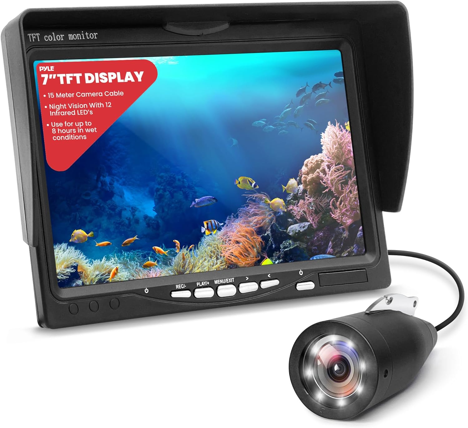 BRAND, CATEGORY, FISH FINDERS & DEPTH FINDERS, PYLE, Pyle 7-inch Portable LCD Monitor Underwater Fishing Camera, 1000TVL Camera with 12pcs Infrared Lights Black, IP68 Water Resistant, and Removable Sun-Visor