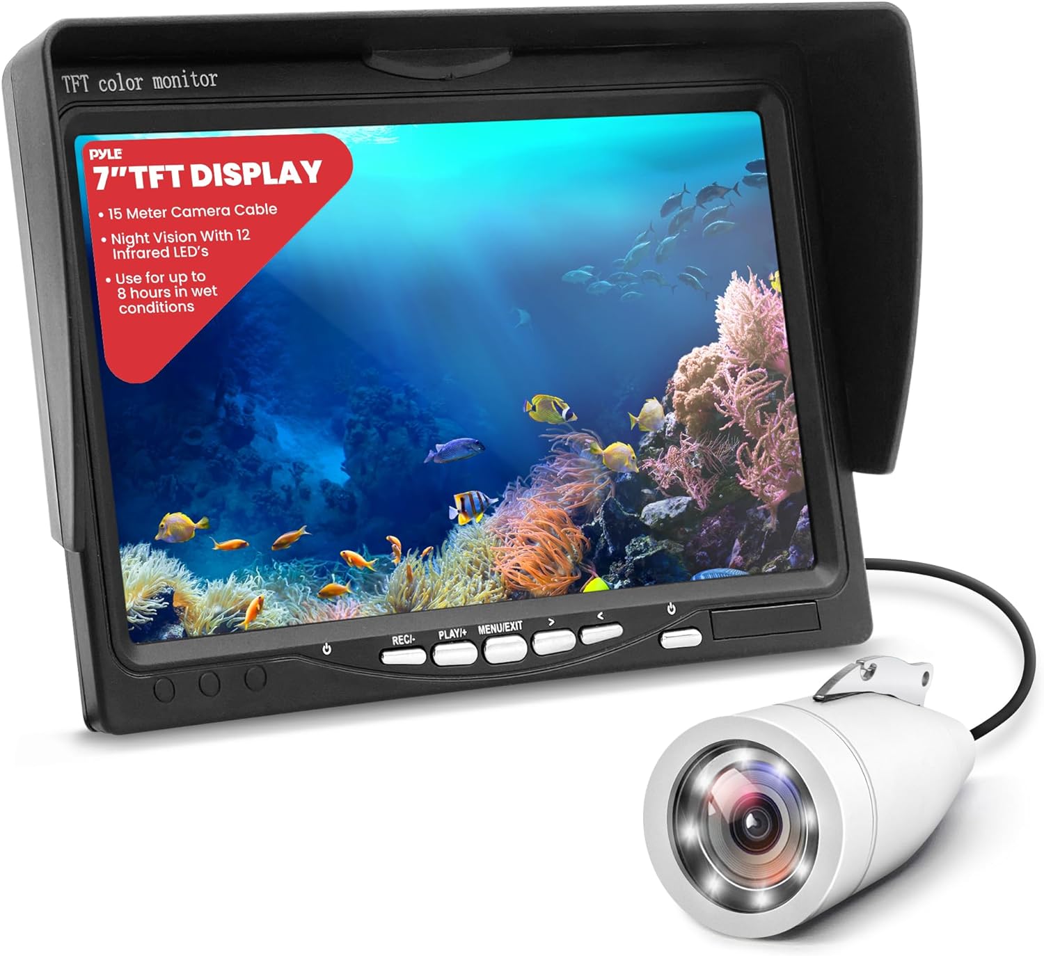 BRAND, CATEGORY, FISH FINDERS & DEPTH FINDERS, PYLE, Pyle 7 inch Portable LCD Monitor Underwater Fishing Camera, 1000TVL Camera with 12pcs Infrared Lights White, IP68 Water Resistant, and Removable Sun-Visor