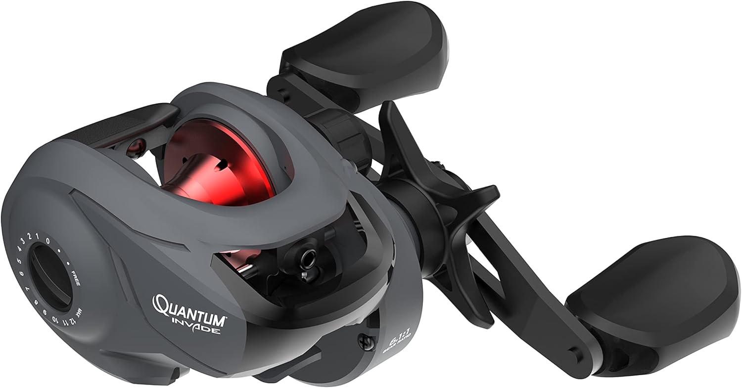 BRAND, CATEGORY, QUANTUM, REELS, Quantum Invade Baitcast Fishing Reel, DynaMag Cast Control, 5 Bearings (4 + Continuous Anti-Reverse Clutch), and Zero Friction Pinion Design, Gray/Red