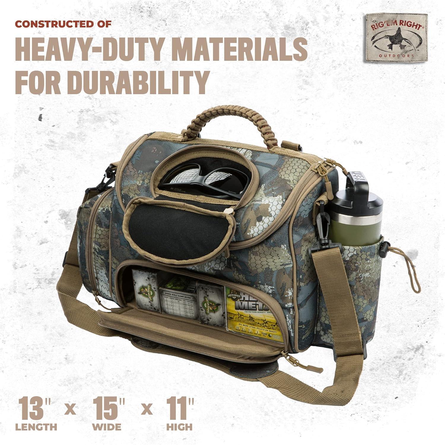 BRAND, CATEGORY, GAME BELTS & BAGS, RIG EM RIGHT, Rig'Em Right Waterfowl Lock and Load Duck Hunting Blind Bag with Molded Ammo Compartments, Sunglasses Case, Drink Holder and More (Nossy Oak Bottomland Camo)