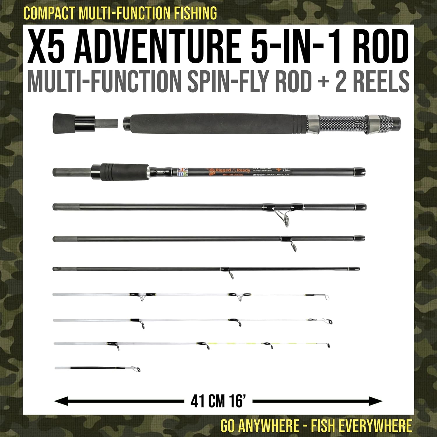 BRAND, CATEGORY, RIGGED & READY TRAVEL FISHING, RODS, Rigged & Ready X5 Series Travel Fishing Rods Spin-Fly - X5 Rod & 2 Reels Combination, X5 Rod, or X5 Max - Super Compact, Multi-Functional Rods, 4 Tips, 5 Techniques-1 Fishing Rod.