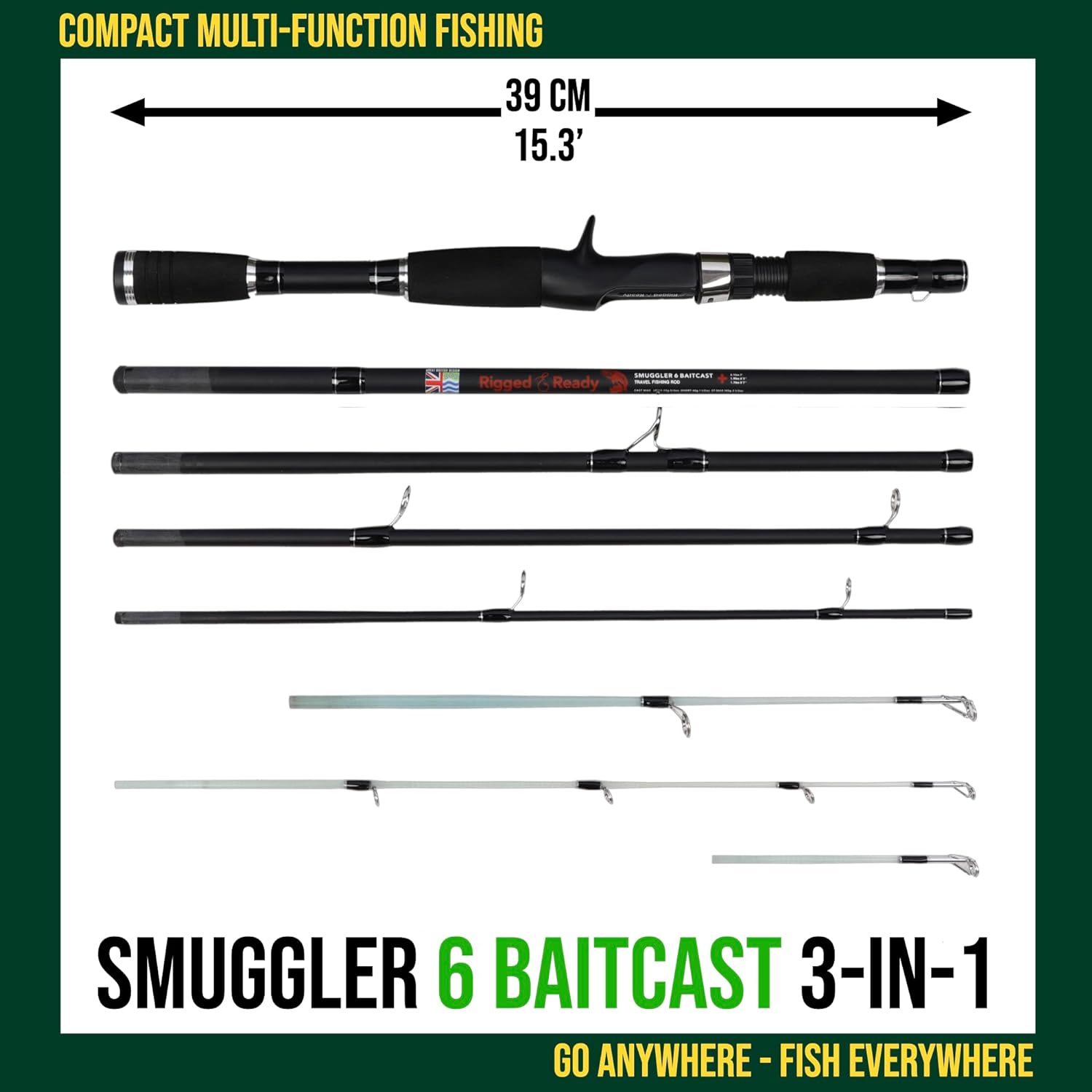 BRAND, CATEGORY, RIGGED & READY TRAVEL FISHING, RODS, Rigged and Ready Smuggler Series Fishing Rods. 5 Unique Super Compact Multi-Function Rod Lengths, with 2 or 4 Tips for Active Travel Rod Anglers for Freshwater and seawater Fish