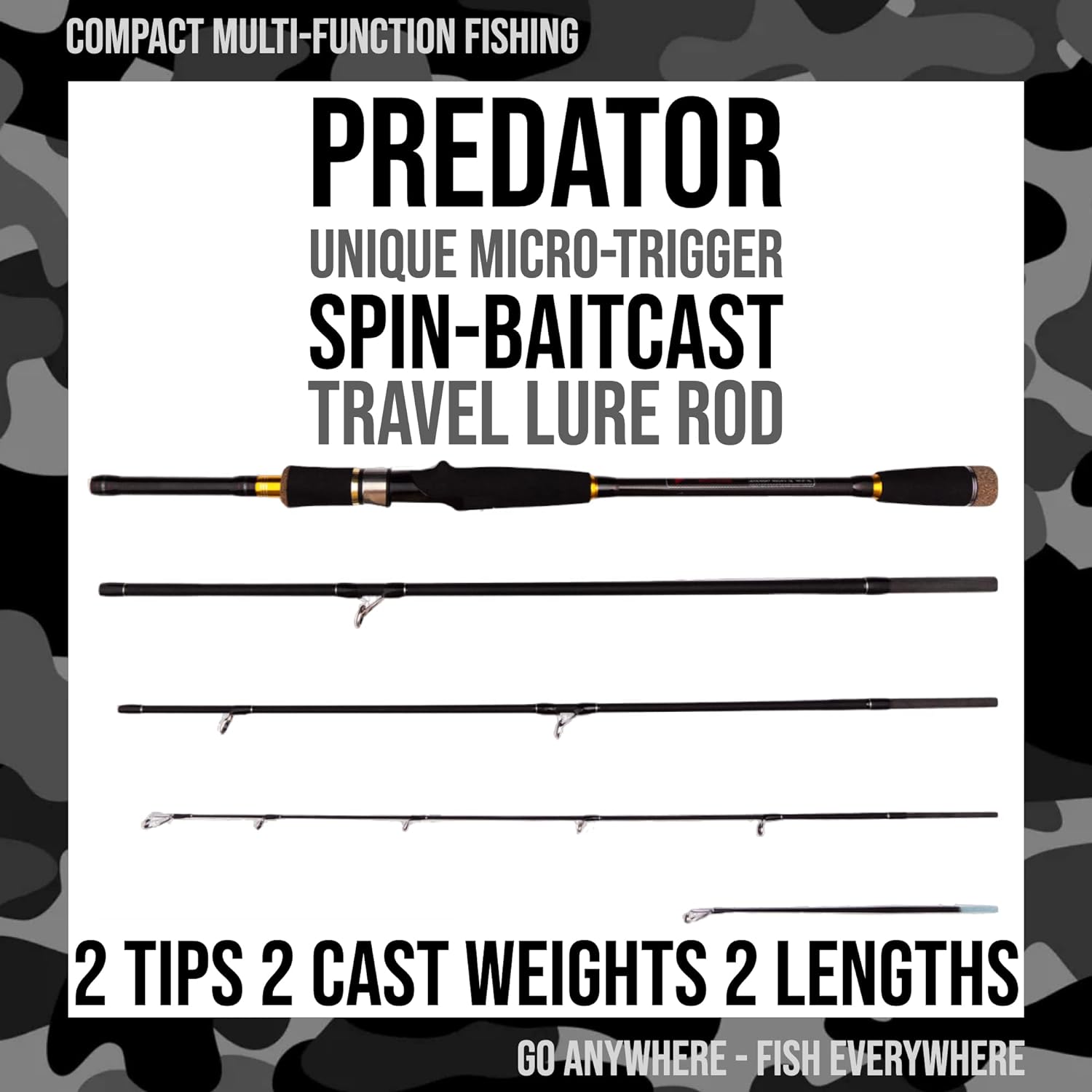 BRAND, CATEGORY, RIGGED & READY TRAVEL FISHING, RODS, Rigged and Ready Smuggler Series Fishing Rods. 5 Unique Super Compact Multi-Function Rod Lengths, with 2 or 4 Tips for Active Travel Rod Anglers for Freshwater and seawater Fish