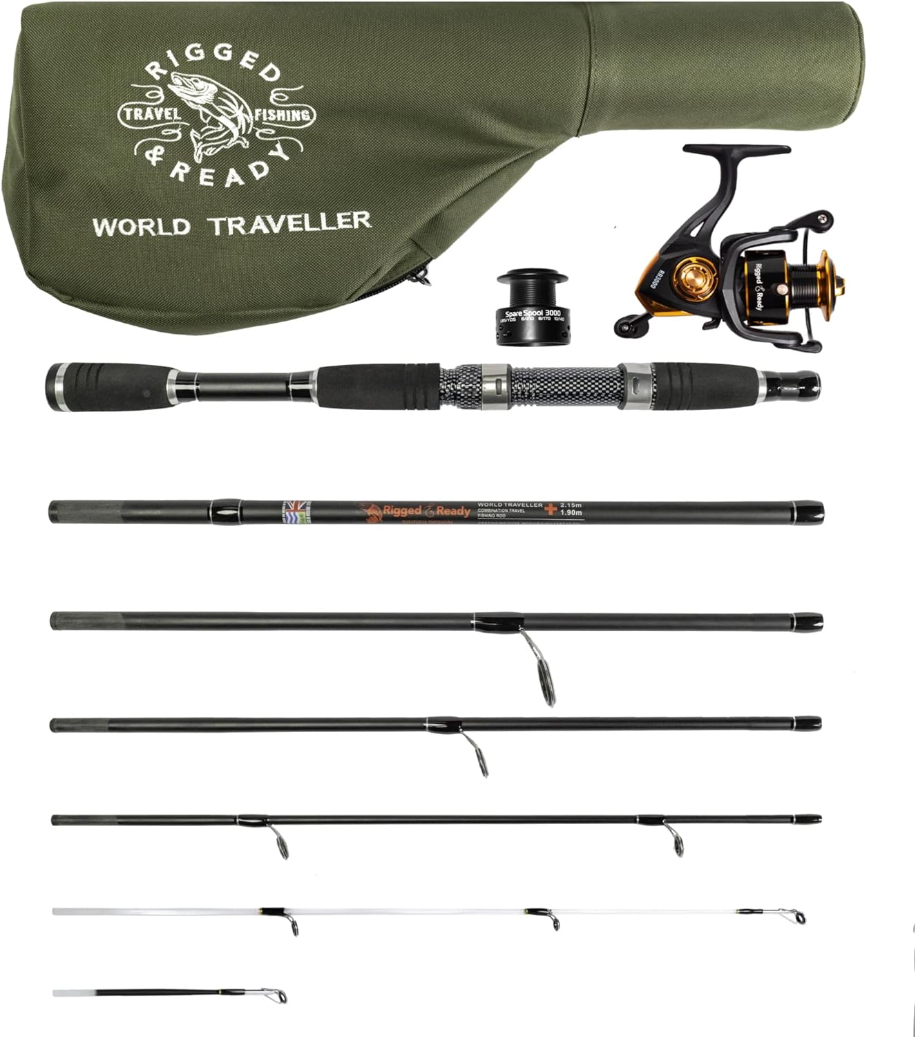 BRAND, CATEGORY, RIGGED & READY TRAVEL FISHING, ROD & REEL COMBOS, Rigged and Ready World Traveller Travel Fishing Rod Reel & Case Set.Compact 6 Sections, 2 Tips. Super Compact Carry Size. 2-in-1, 1.9m + 2.15m (6.4' + 7') Fishing Rod + 2 Tips.