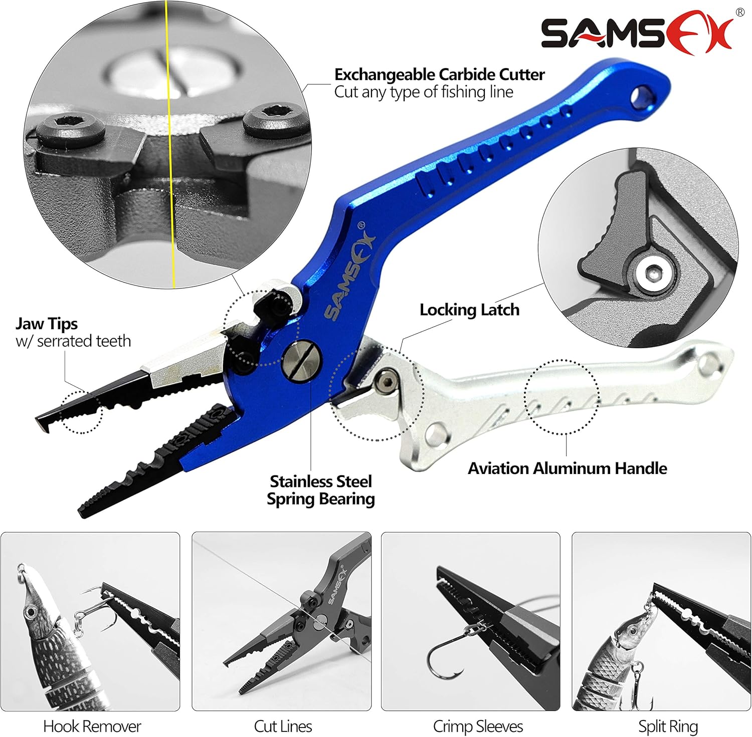 BRAND, CATEGORY, PLIERS & HOOK REMOVERS, SAMSFX, SAMSFX Aluminum Fishing Pliers Hook Remover Braid Line Cutter with Coiled Lanyard, Fly Fishing Knot Tying Tool & Retractors