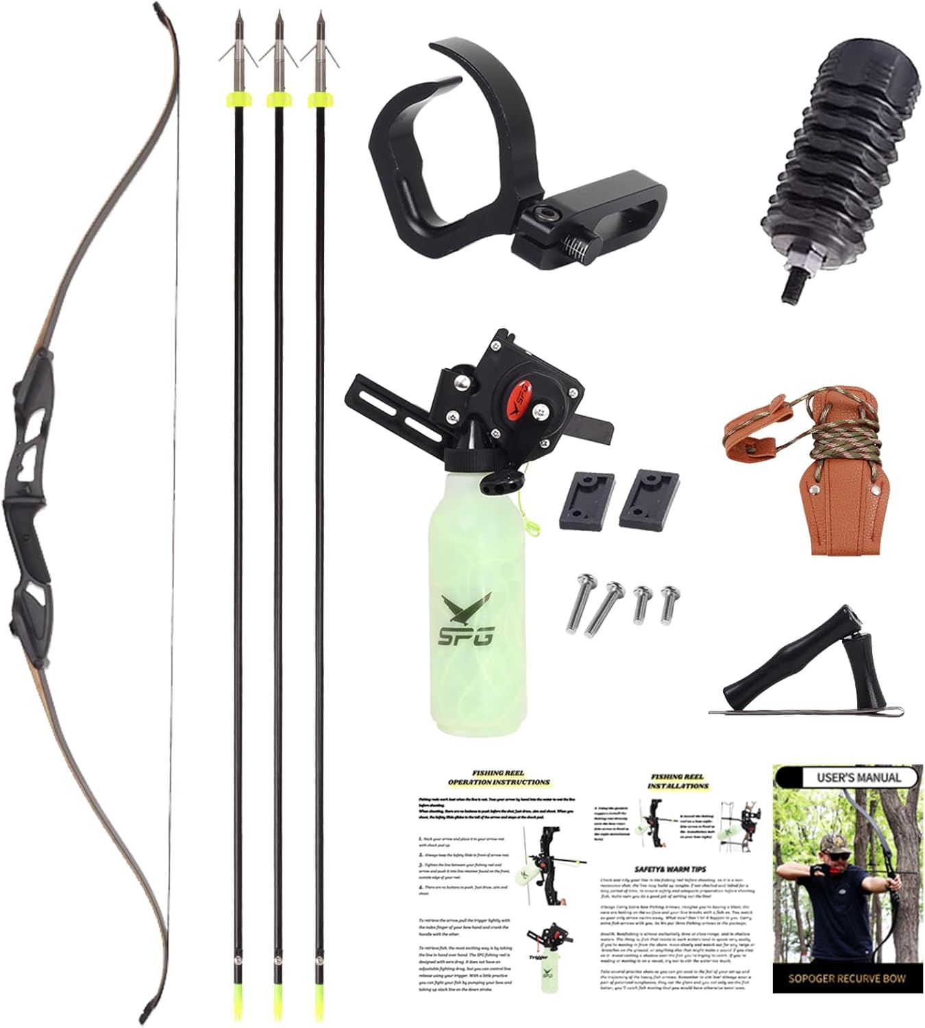 BRAND, CATEGORY, RECURVE BOWS, SOPOGER, SOPOGER Archery Bowfishing Bow Kit - Powful 45lbs Bow Fishing Combos Kit with Detailed Instruction, Recurve Bow Fishing Bows for Adults with Durable Bow Fishing Reels Kits for Big Fish